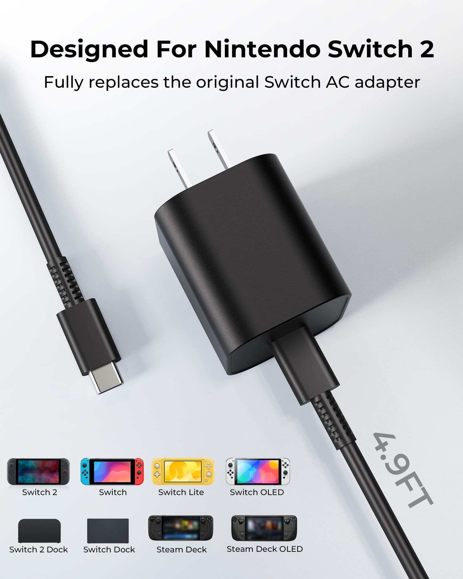 Antank 60W Switch 2 Charger, 20V 3A Pd Fast Charging Power Adapter For Nintendo Switch, Lite, Oled & Steam Deck, 4K Tv Dock Supp