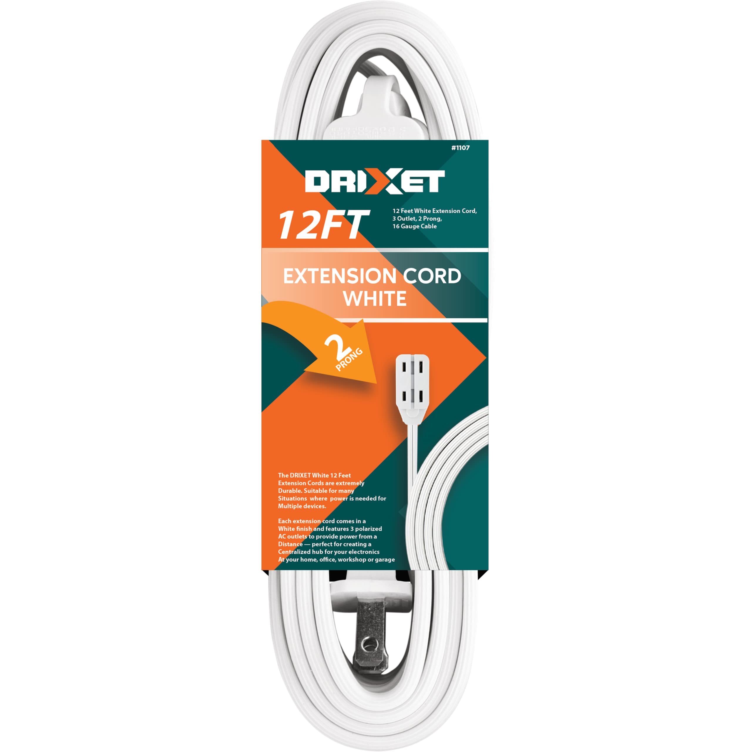 [Ul Listed] 12 Feet White Extension Cord, 3 Outlet, 2 Prong, 16 Gauge Cable, 3 Receptacle Cube Tap, Indoor Use   By Revpex
