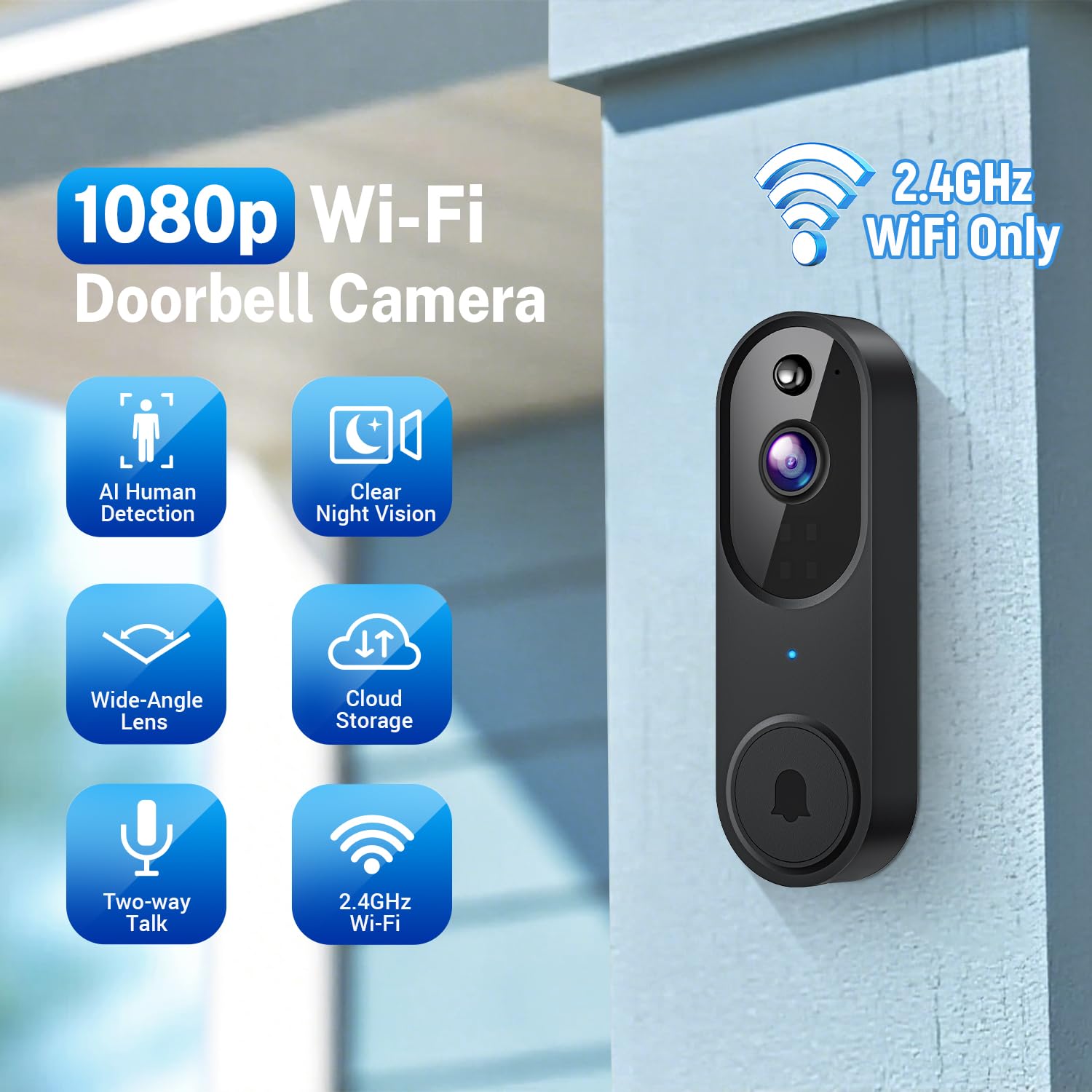 Wireless Wi-Fi Video Doorbell Camera With Ai Motion Detection, Way Audio, Night Vision, Cloud Storage, 2.4Ghz Wi-Fi Only, Batter