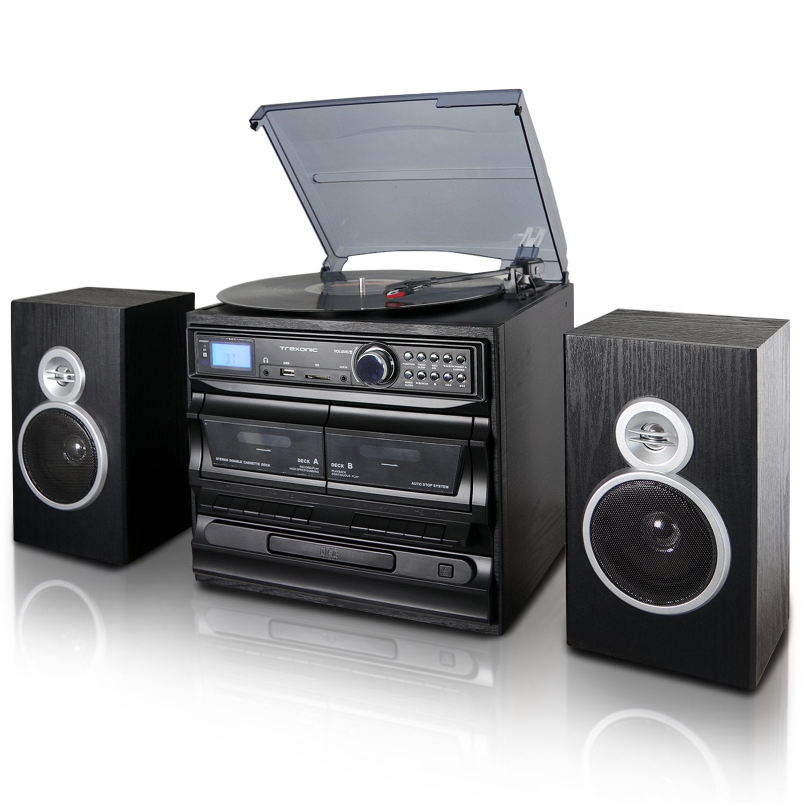 Trexonic 3 Speed Turntable With Cd Player, Dual Cassette Player, Bt, Fm Radio & Usb/Sd Recording And Wired Shelf Speakers
