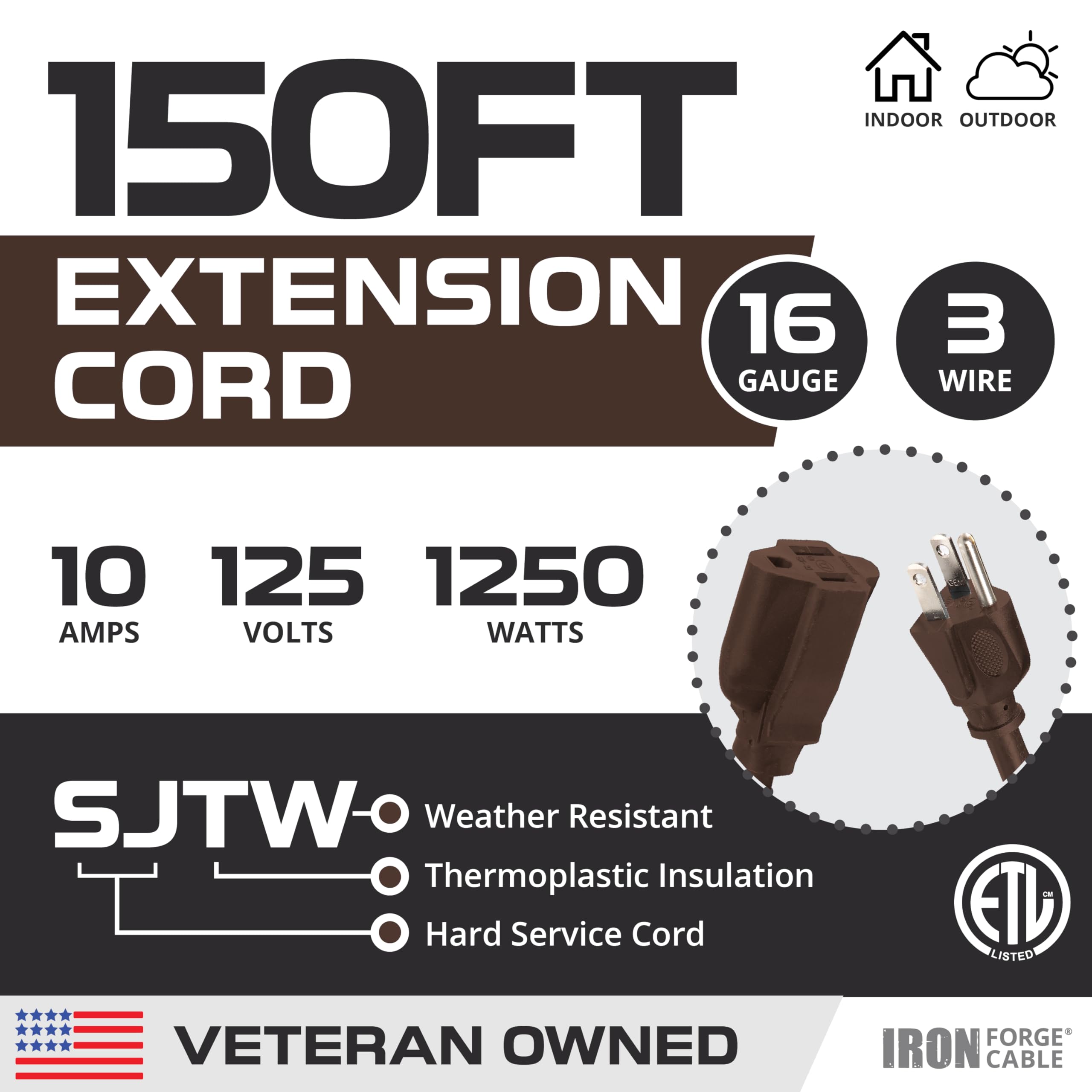 Iron Forge Cable Outdoor Extension Cord 150 Ft   16 Gauge 10 Amp Heavy Duty Power Extension Cords 3 Prong   16/3 Sjtw   Great Fo