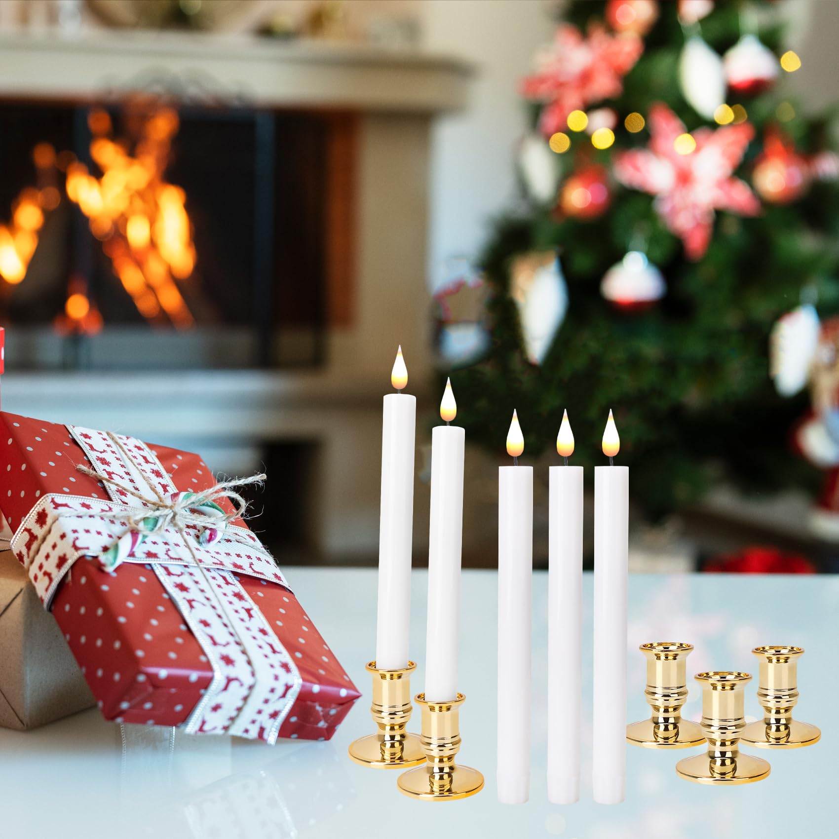 Poqcct Led Flameless Window Candles With Remote Timer 10 Pcs Battery Operated Flickering Taper Candle Lights With Removable Gold