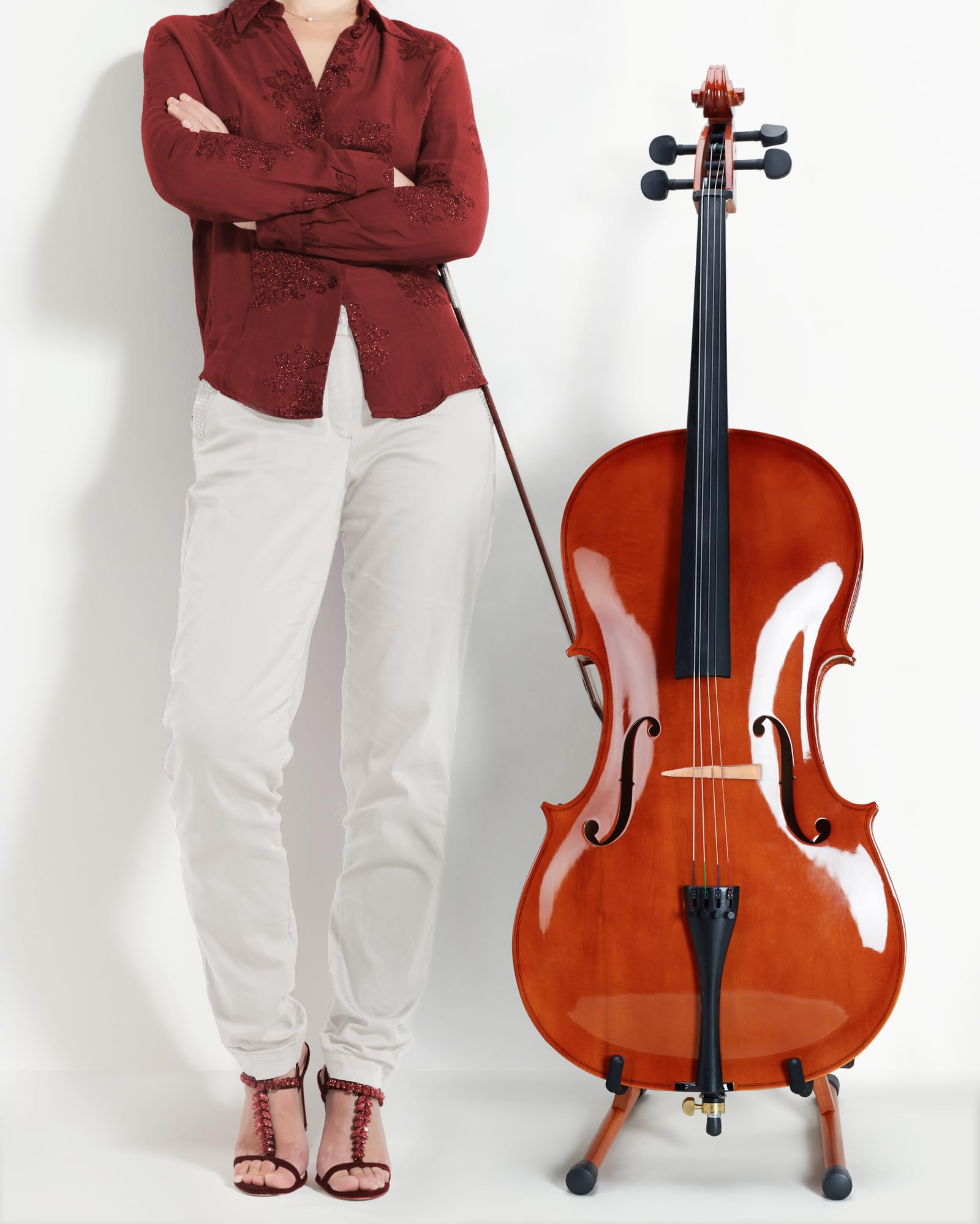 Musbeat Cello Stand, A Frame Cello Stand With Bow Holder For Cello Display, Handcrafted Wooden Cello Stand With Padded Foam, Mah