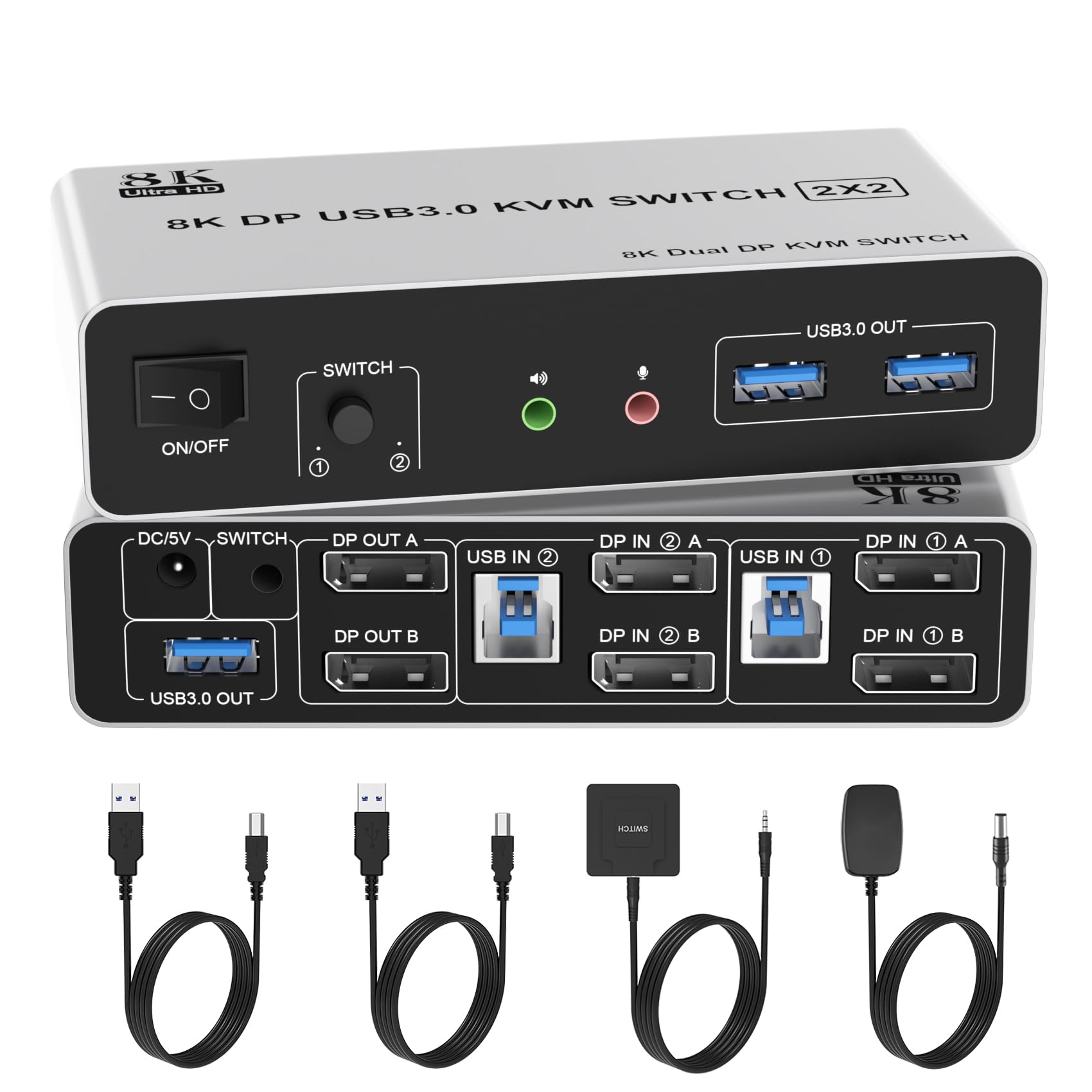 8K Kvm Switch 2 Monitors 2 Computers Displayport, 8K@60Hz Dp 1.4 Dual Monitor Kvm Switch For 2 Computer Share 2 Monitor, Audio M