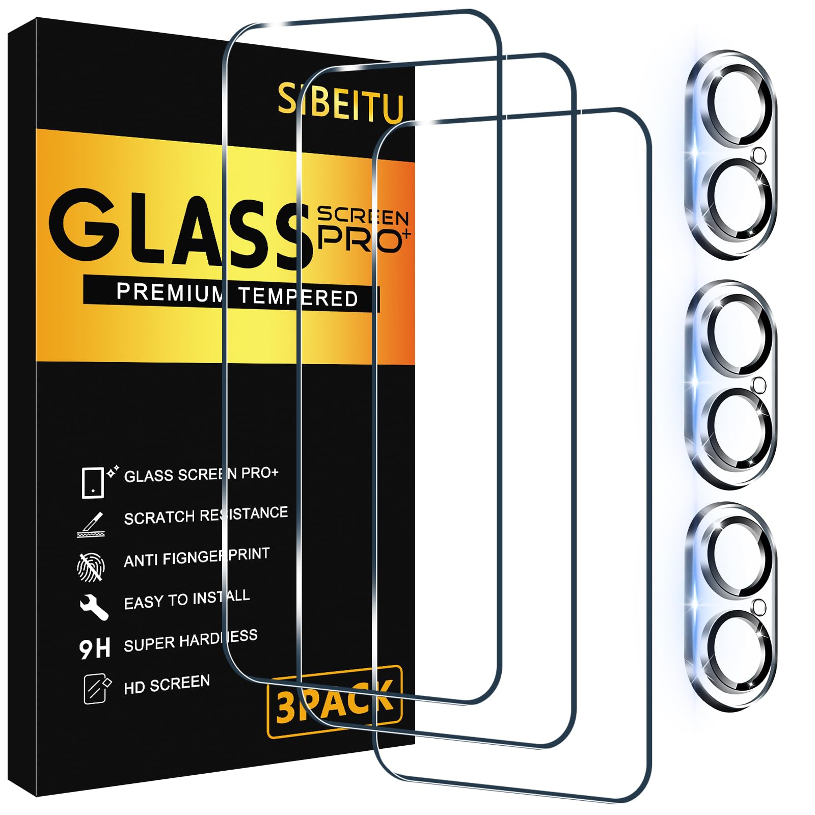 Sibeitu 3 Pack Screen Protector For Iphone 16 With 3 Pack Camera Lens Tempered Glass Protector, 6.1 Inch Hd Clear Tempered Glass