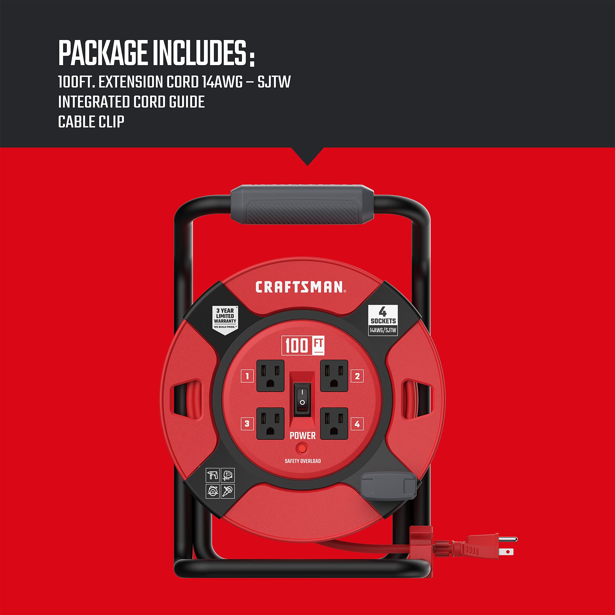 Craftsman 100 Ft. Retractable Extension Cord Reel With 4 Outlets & Heavy Duty 14Awg Sjtw Cable