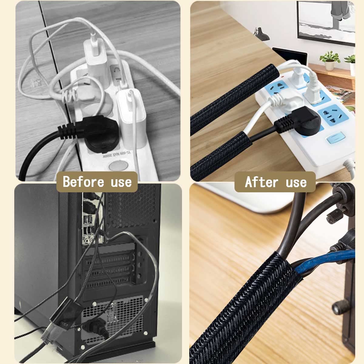 Fanoshon 13 1/8Ft  1/2 Inch Cord Management Sleeve Braided Split Black Cable Protectors Pet Proof   Braided Self Wrapping Wire L