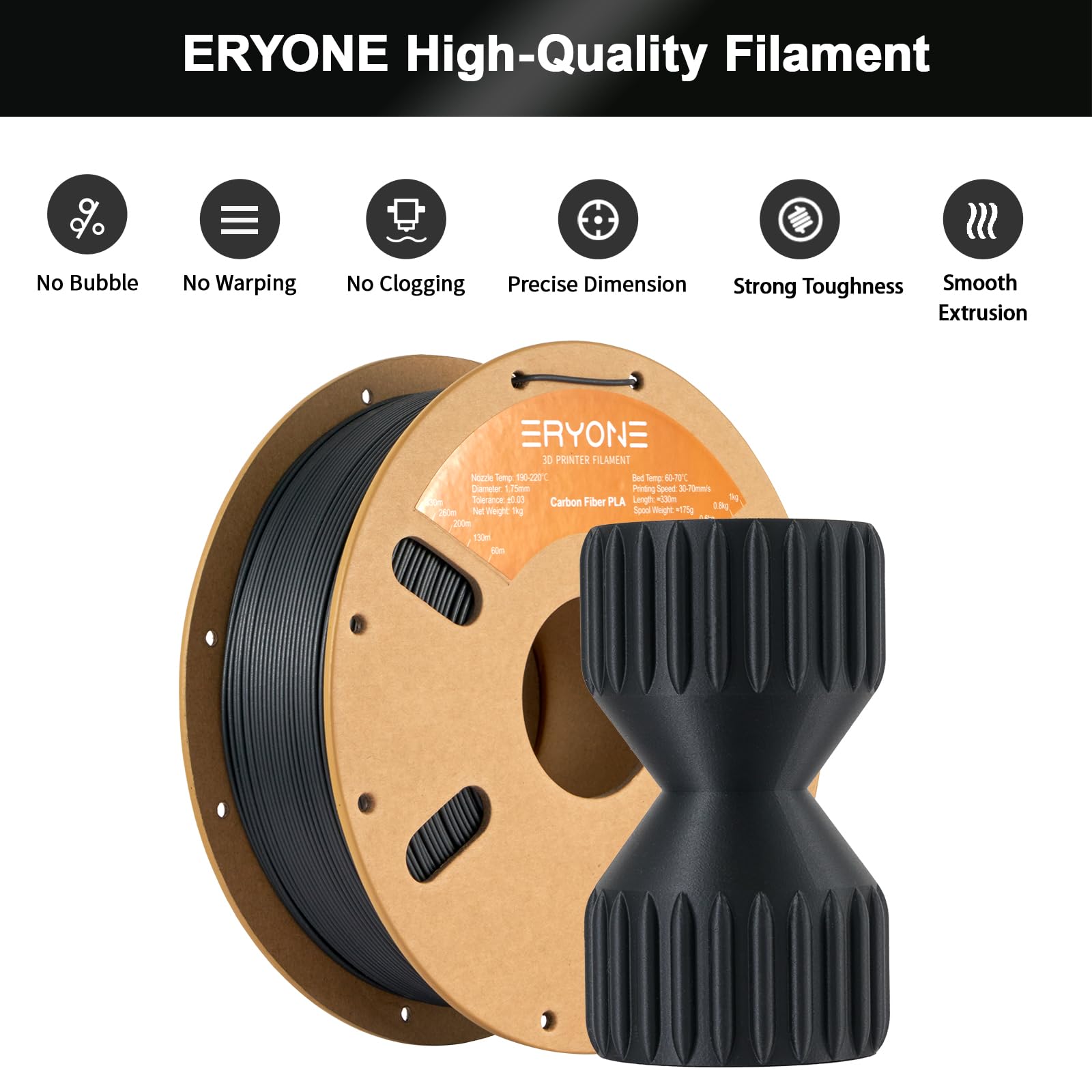 Eryone Carbon Fiber Filament Pla 1.75 Mm, Pla Filament For 3D Printer,  0.03 Mm, 1 Kg (2.2 Lbs)/Spool, Black