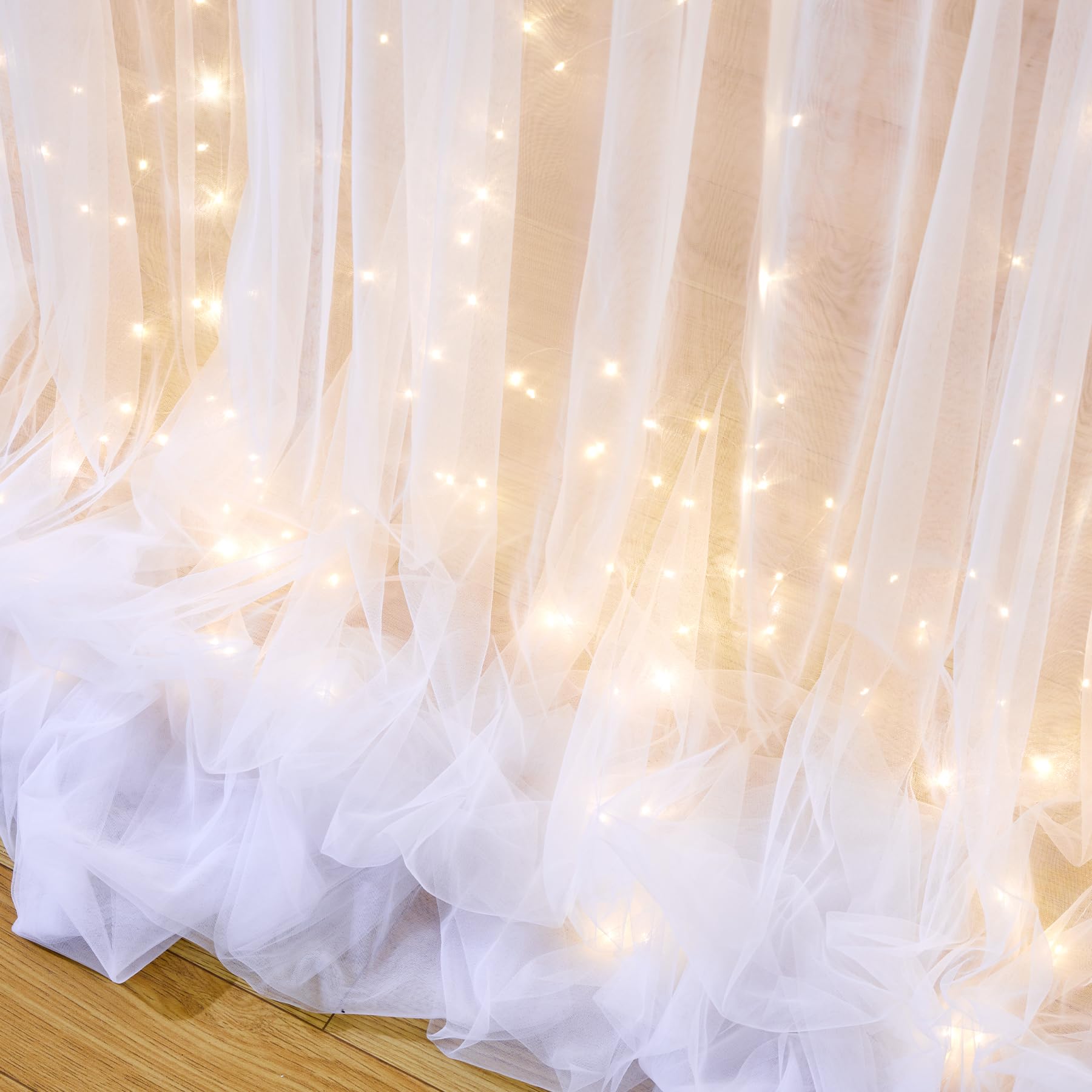10Ft X 10Ft White Tulle Backdrop Curtain With Lights String For Parties Wedding Bridal Shower Sheer White Curtain Backdrop For B