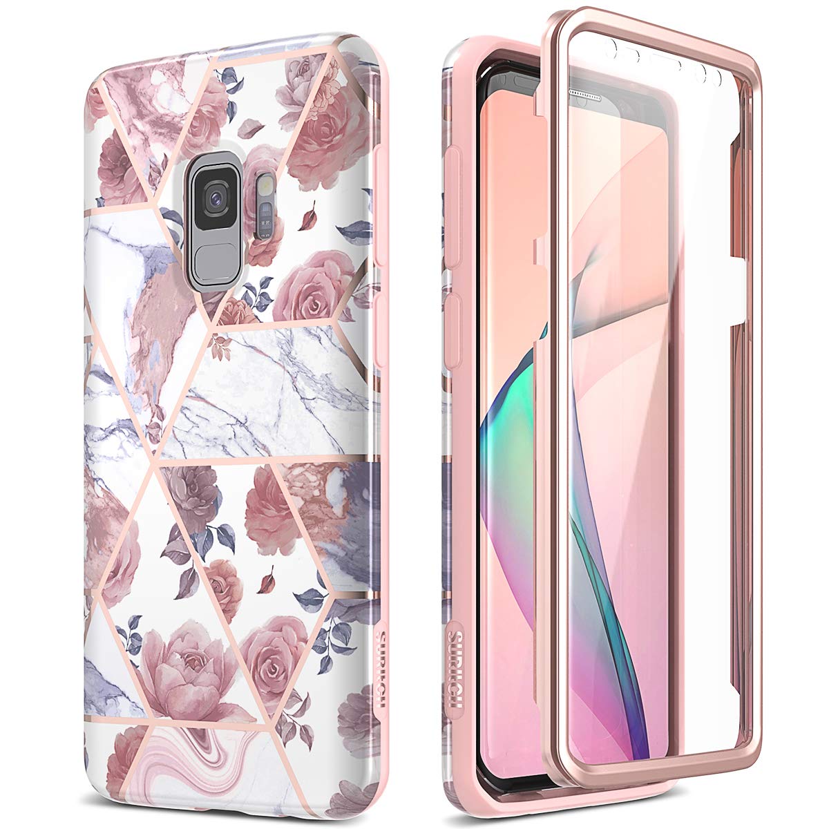 Suritch Case For Galaxy S9, [Built In Screen Protector] Rose Gold Marble Full Body Protection Shockproof Rugged Bumper Protectiv
