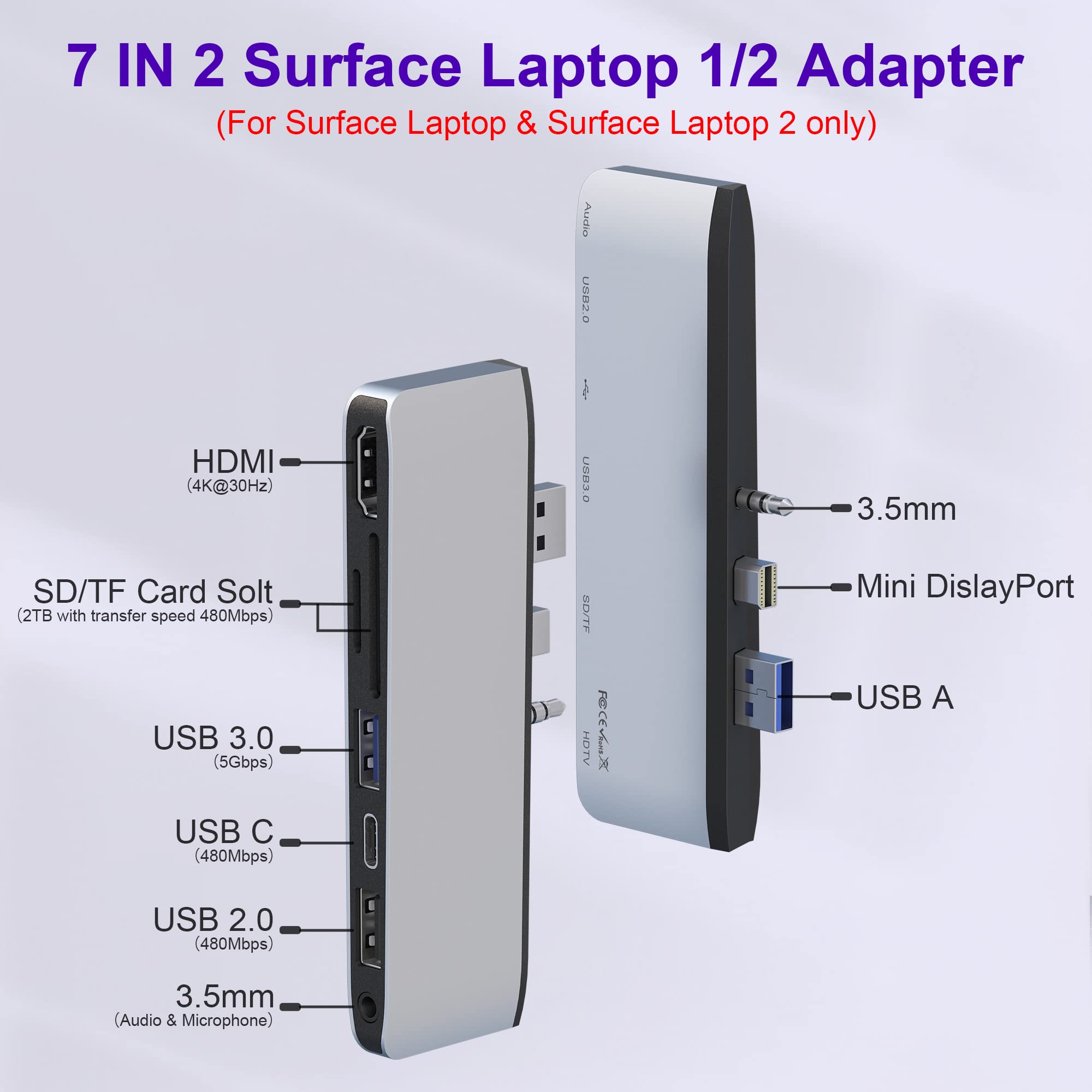 Surface Laptop 2 Docking Station, Microsoft Surface Laptop 2 Usb Hub With 4K Hdmi, Usb 3.0, Usb C, Usb 2.0, Sd Card Slot, Tf Car