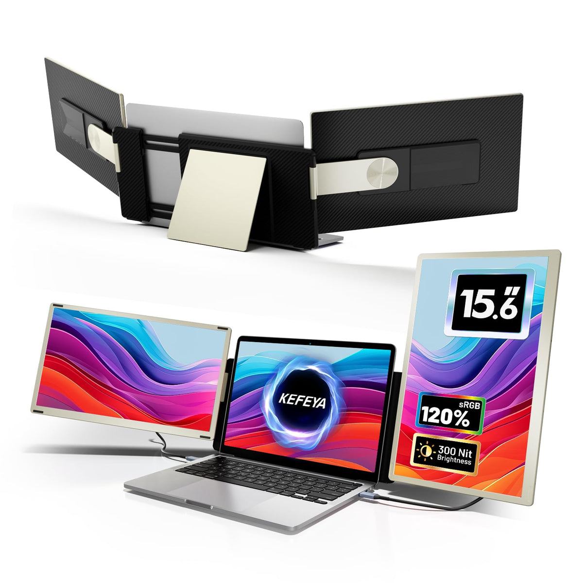 Kefeya Laptop Screen Extender, 15.6'' Portable Monitor For Laptop With 120% Srgb, Fhd Ips & Usb To Hdmi Hub & 235 Rotation, Trip