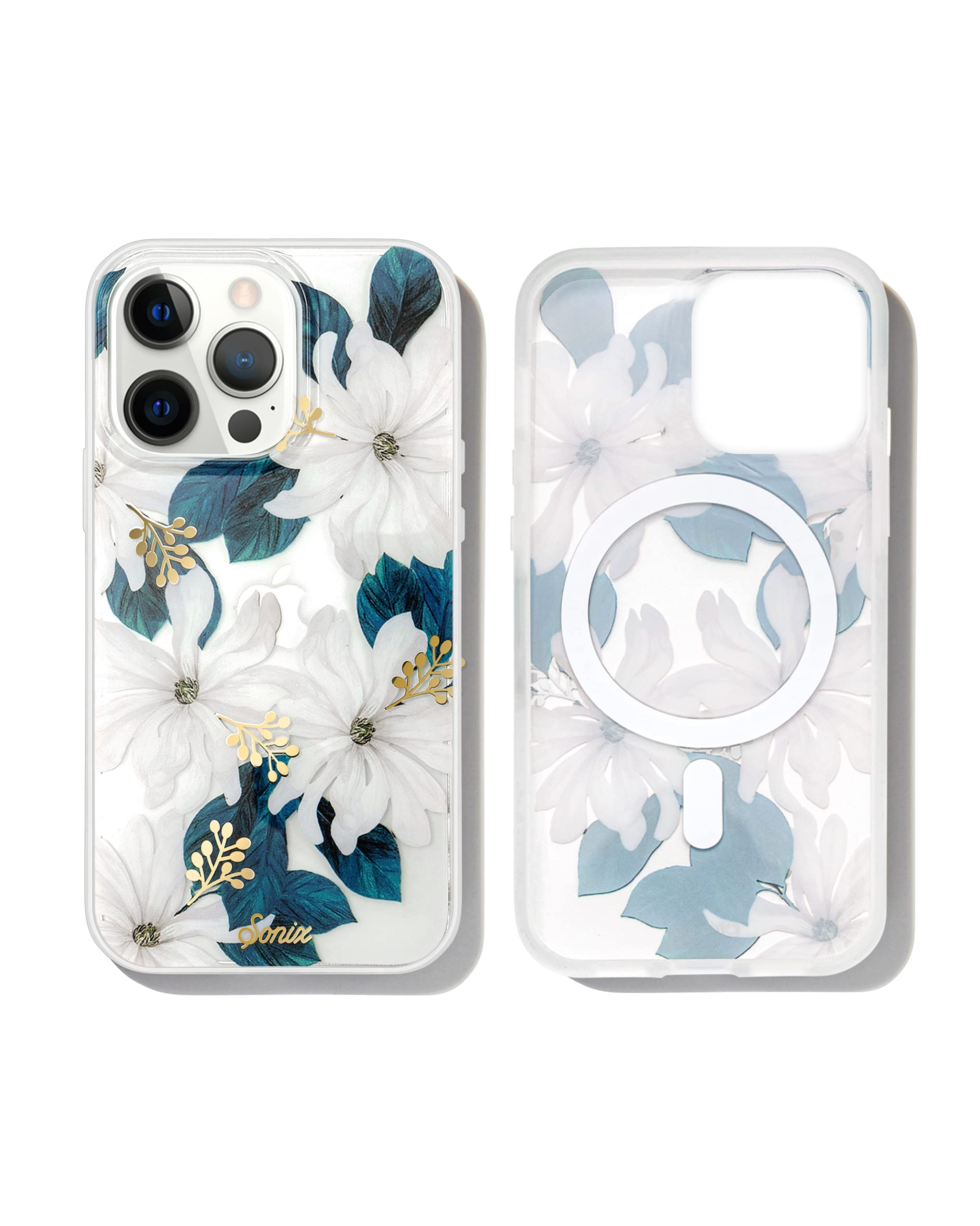 Sonix Phone Case for iPhone 13 Pro Max / 12 Pro Max | Compatible with MagSafe | 10ft Drop Tested | White Flower Print with Gold 