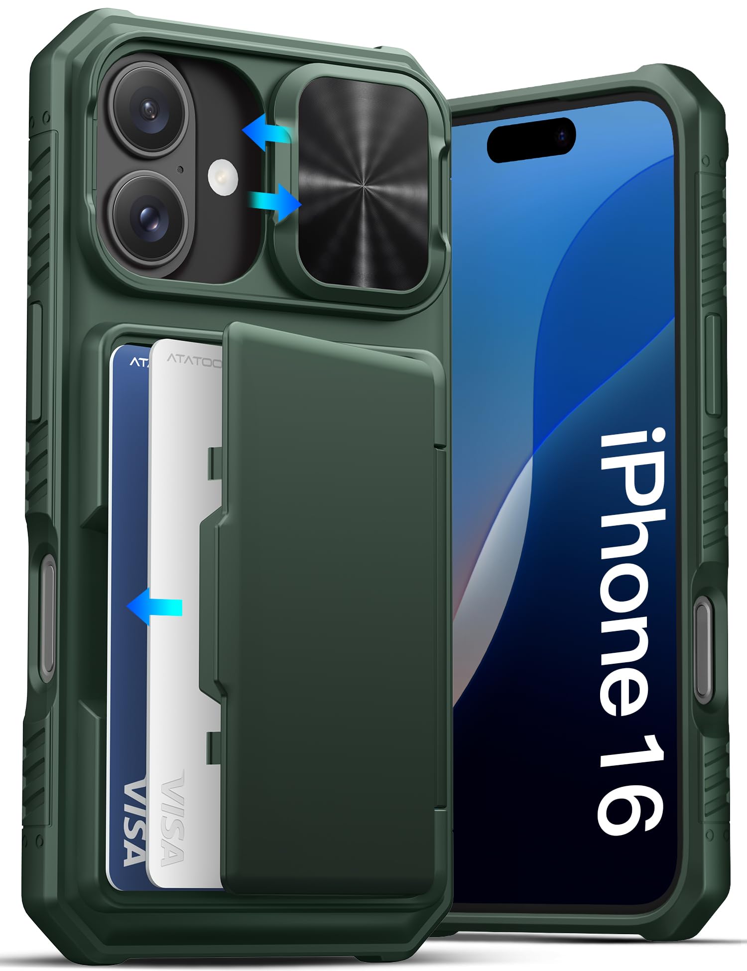 Atatoo For Iphone 16 Wallet Case With Card Holder (Store 3 5 Cards) [Rfid Blocking] & Sliding Camera Cover, Military Grade Prote
