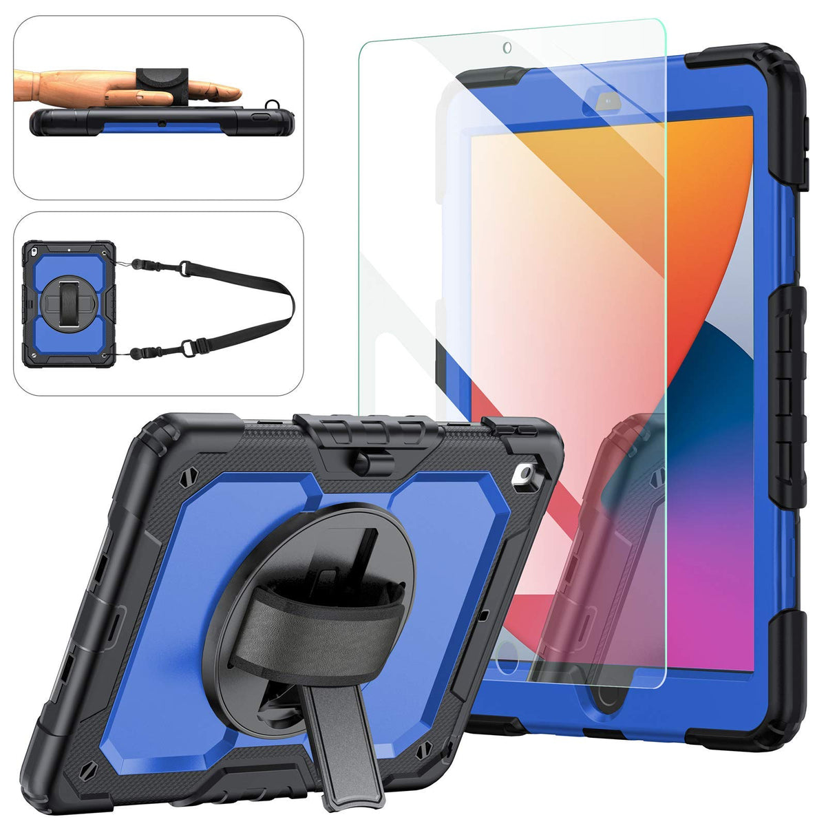 Ipad 9Th/8Th/7Th Generation Case, Ipad 10.2 Case 2021/2020/2019, [Rotatable Hand Strap/Kickstand] Ambison Full Body Protective Case With Tempered Glass Screen Protector, Pencil Holder (Blue & Black)