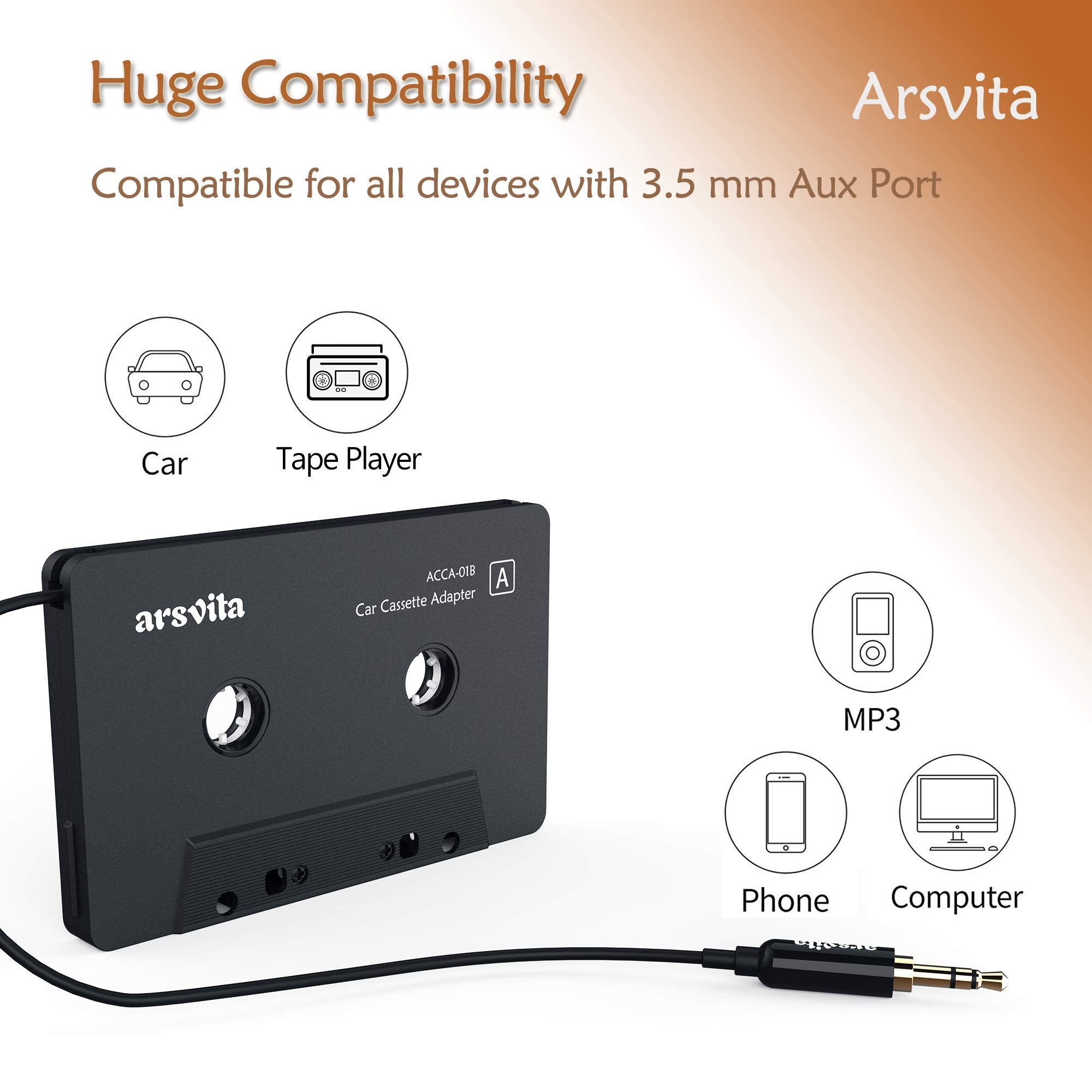 Arsvita Car Audio Cassette To Aux Adapter, 3.5 Mm Auxillary Cable Tape Adapter