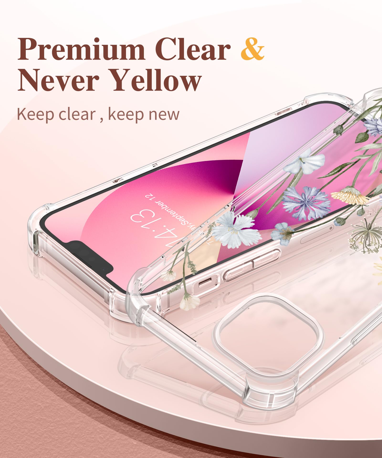 Gviewin Designed For Iphone 13 Case 6.1 Inch, With Tempered Glass Screen Protector + Camera Lens Protector Clear Flower Soft & F