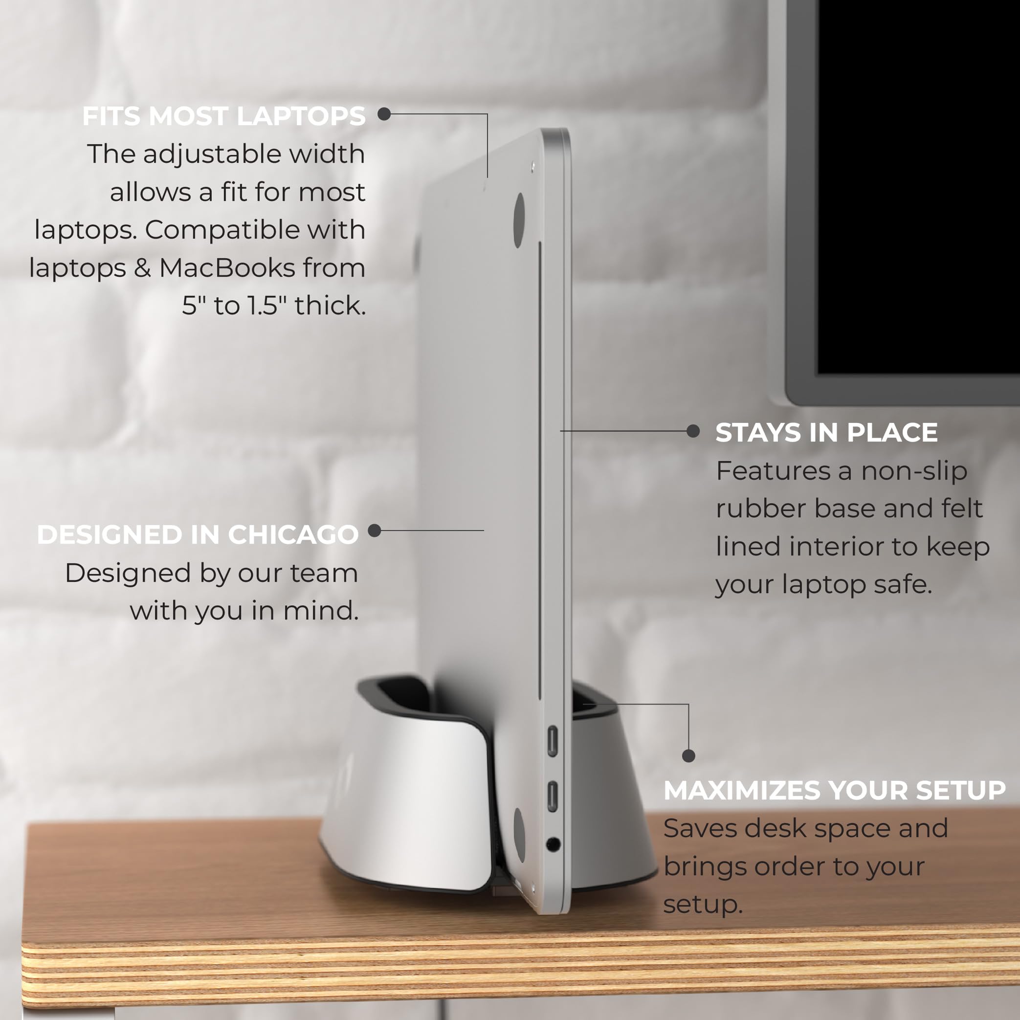 Humancentric Laptop Holder Vertical Laptop Stand In Aluminum, Adjustable Holder And Dock, Laptop Vertical Stand Fits Macbook Pro And Other Laptops .5' To 1.5', Upright Laptop Holder For Desk, Silver
