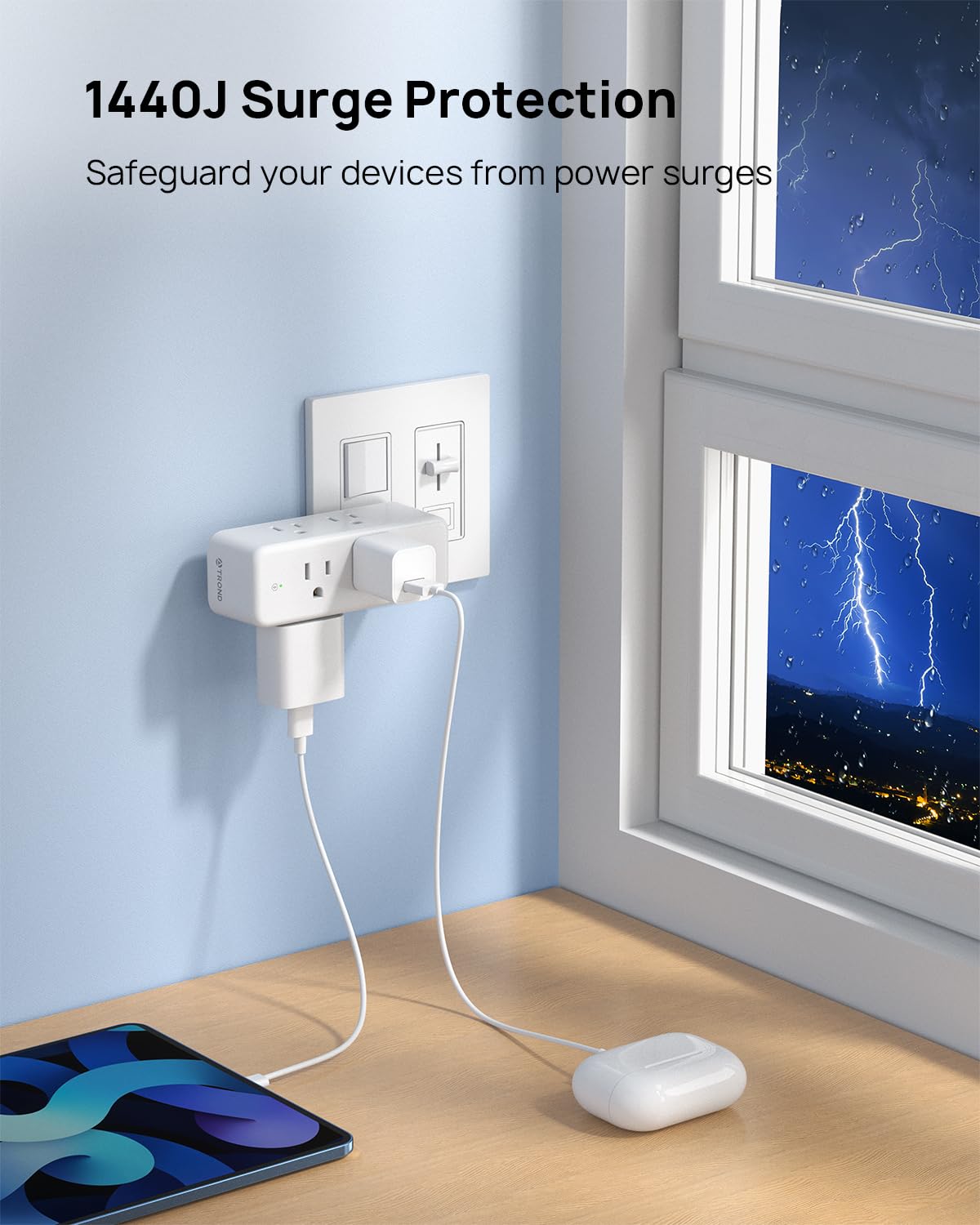 Trond Outlet Extender Surge Protector, 6 Ac Outlet Splitter With 360? Rotating Plug, 1440J, 3 Sided Swivel Wall Plug Adapter Wit