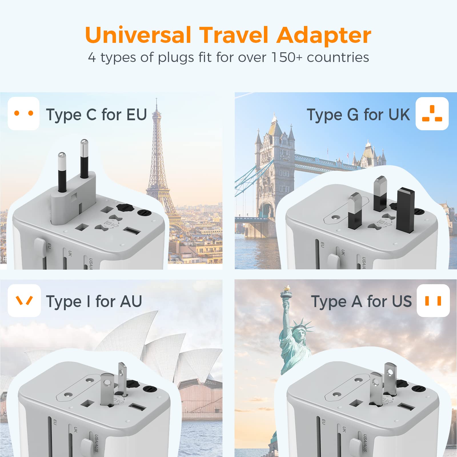 Tessan Universal Travel Adapter, International Plug Adaptor With 2 Usb C Wall Charger 2 Usb A Ports, Worldwide Power Outlet Trav