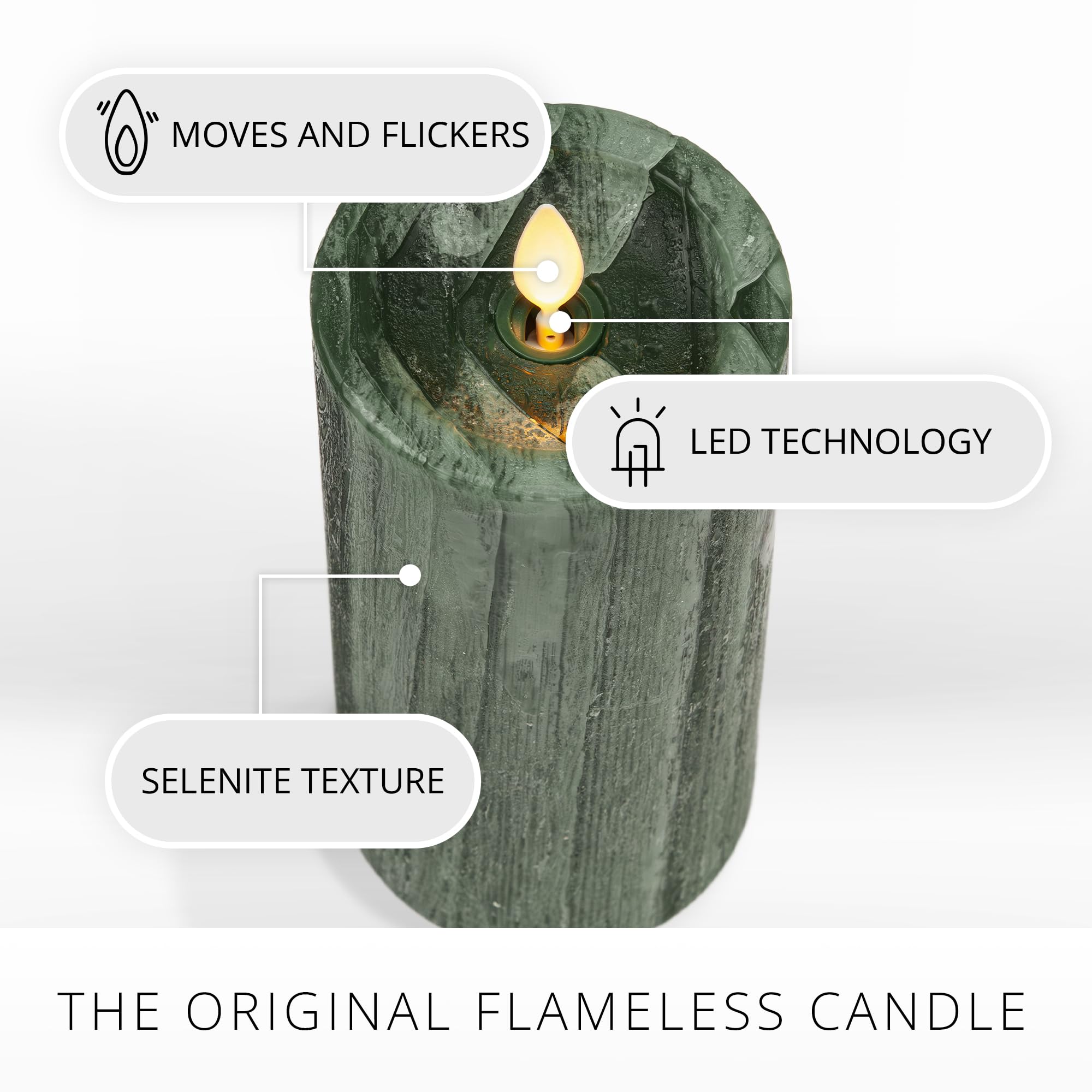 Luminara Selenite Looking Flameless Candle, Holiday Green 3'' X 6.5'', Battery Operated Real Wax Moving Flame Led Pillar Wi/Time
