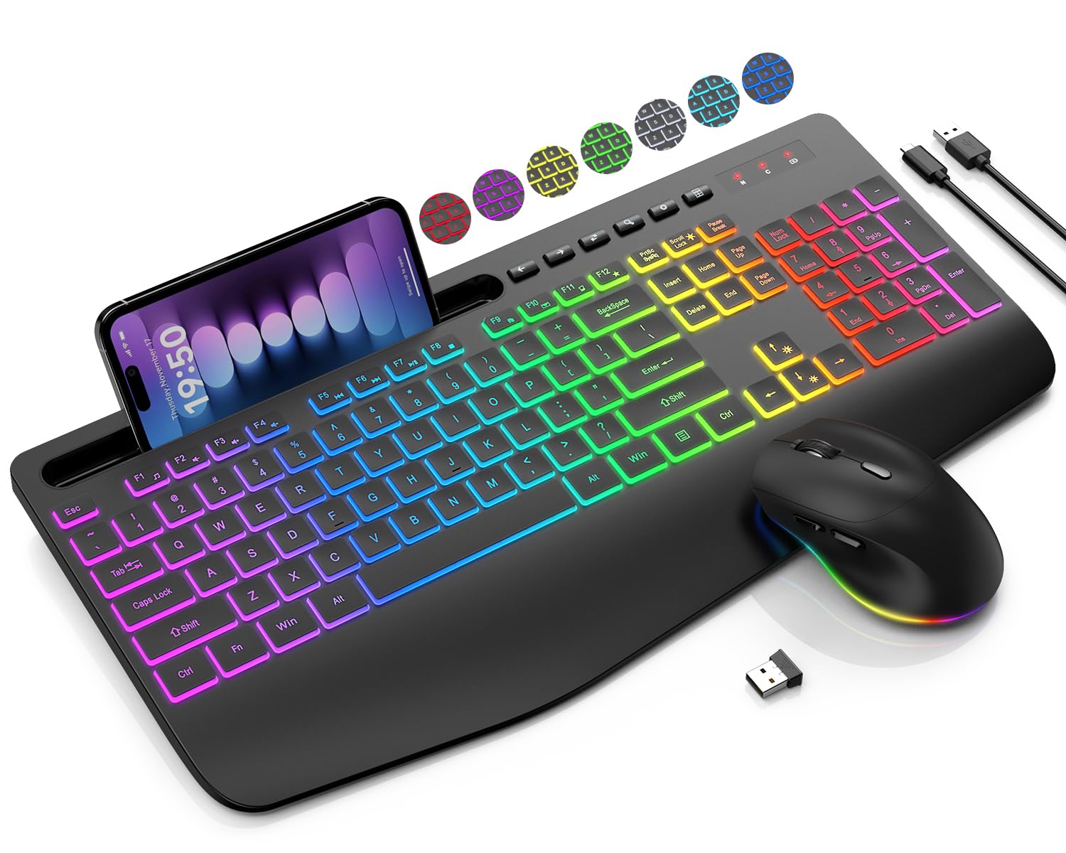 Wireless Keyboard And Mouse Combo, 9 Backlit Effects, Wrist Rest, Phone Holder, 2.4G Lag Free Ergonomic Keyboards, Rechargeable