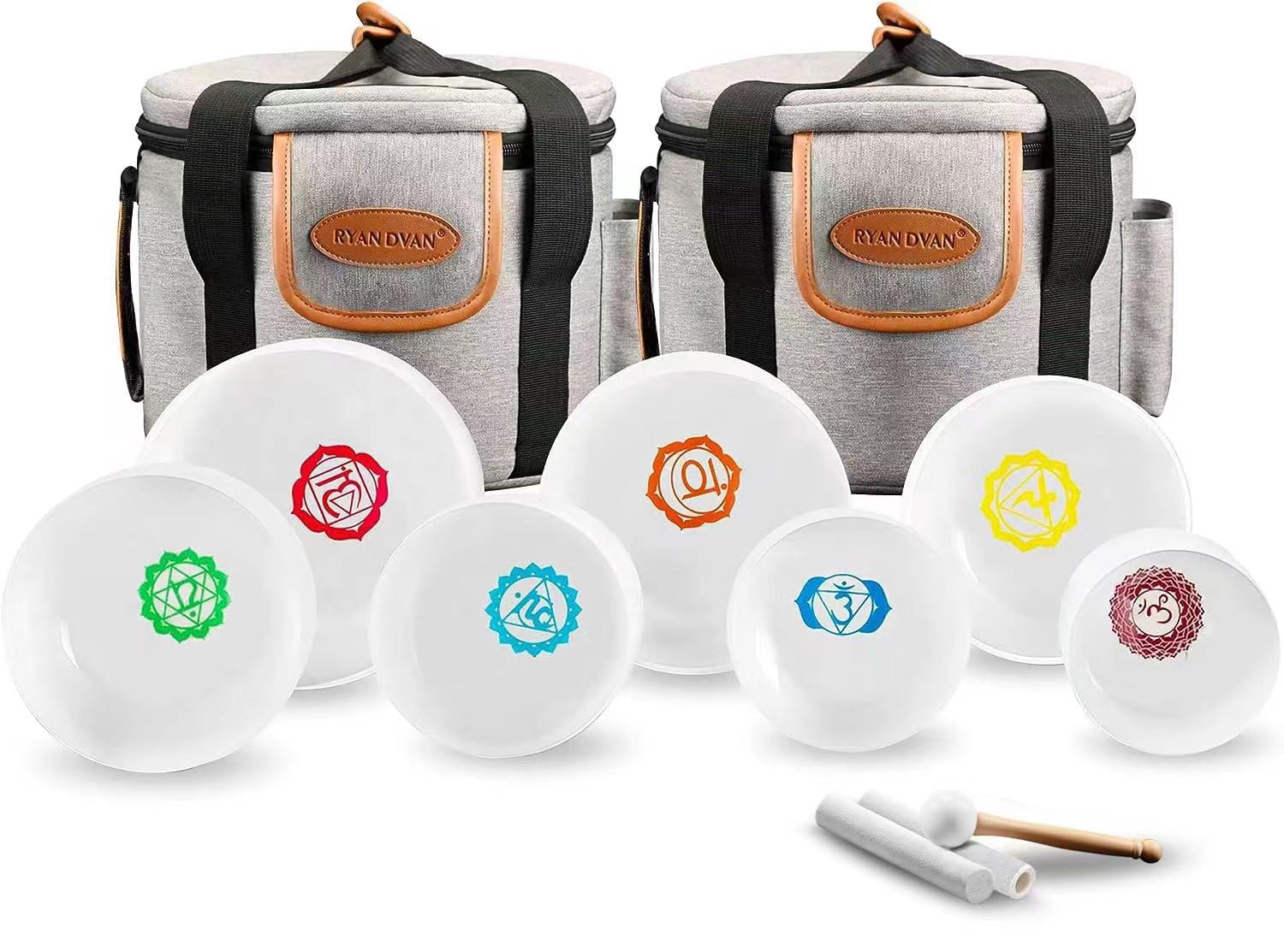 Ryan Dvan 432 Hz 7 12 Inch Set Of 7 Chakra Symbol Design Frosted Quartz Crystal Singing Bowl Set With Free 2 Pcs Carrying Case