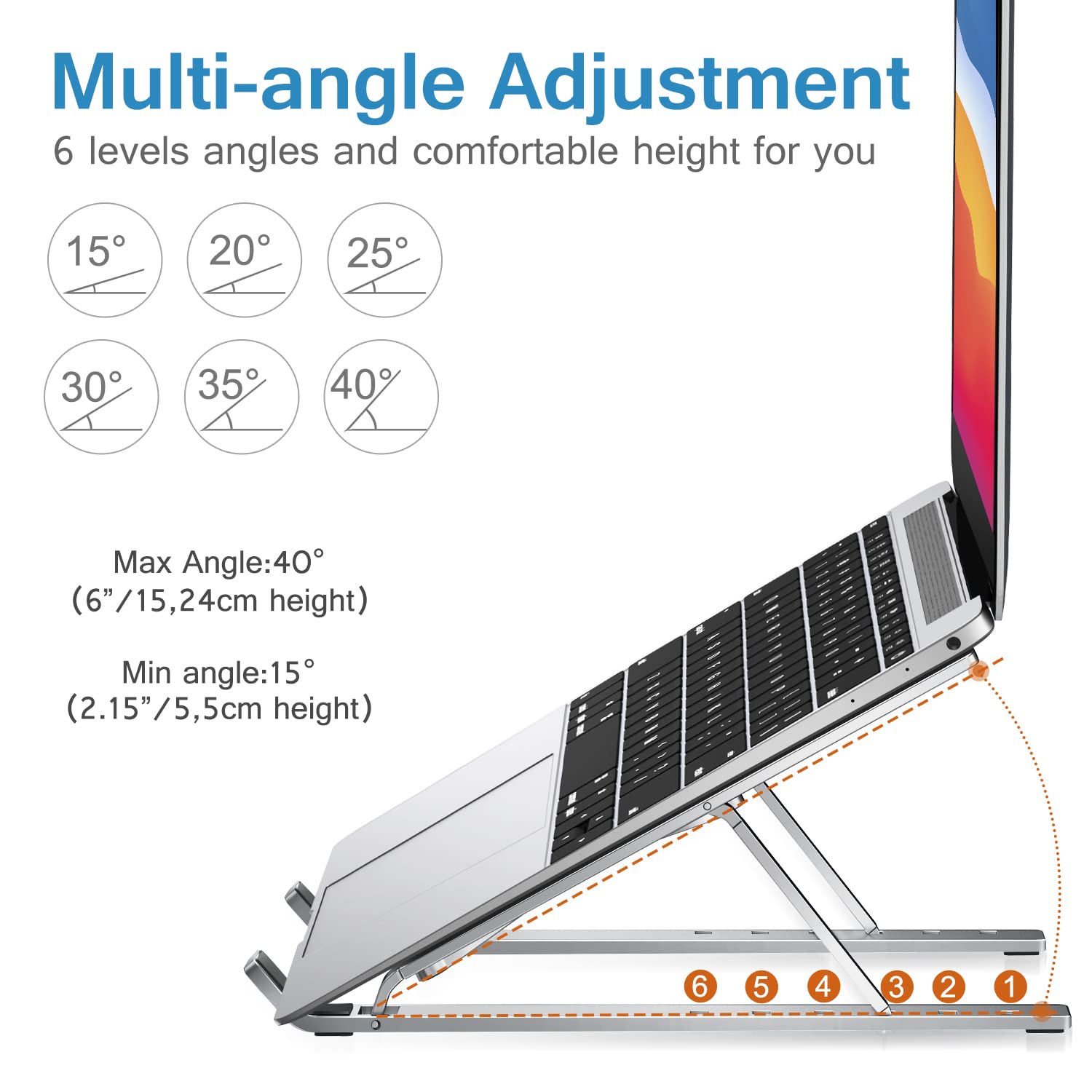 Ivoler Laptop Stand, Laptop Holder Riser Computer Tablet Stand, 6 Angles Adjustable Aluminum Ergonomic Foldable Portable Desktop Holder Compatible With Macbook,Ipad, Hp, Dell, Lenovo 10 15.6� Silver