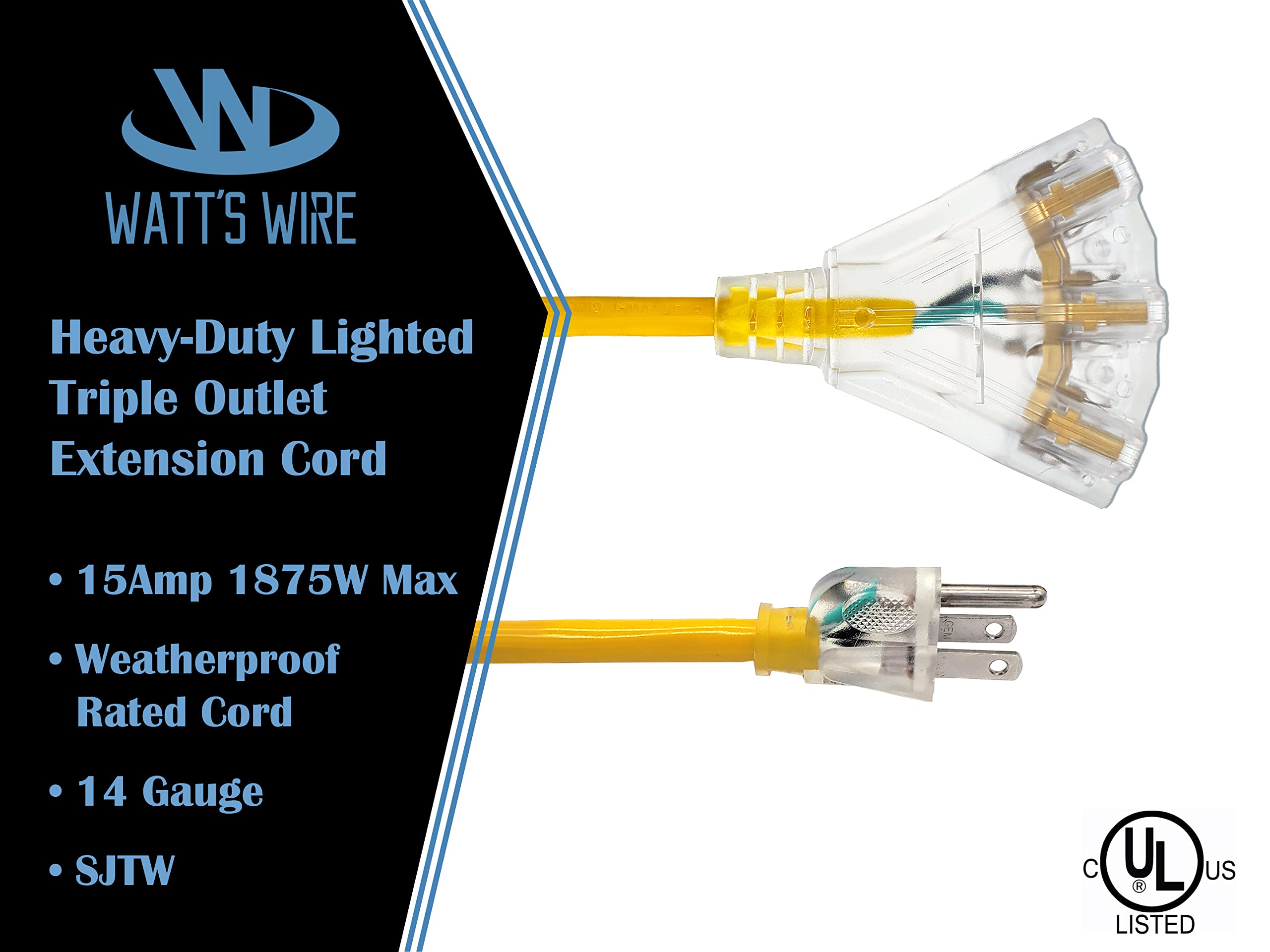 25 Ft   14 Gauge Heavy Duty Extension Cord   3 Outlet Lighted Sjtw   Indoor/Outdoor Extension Cord By Watt'S Wire   25' 14 Gauge