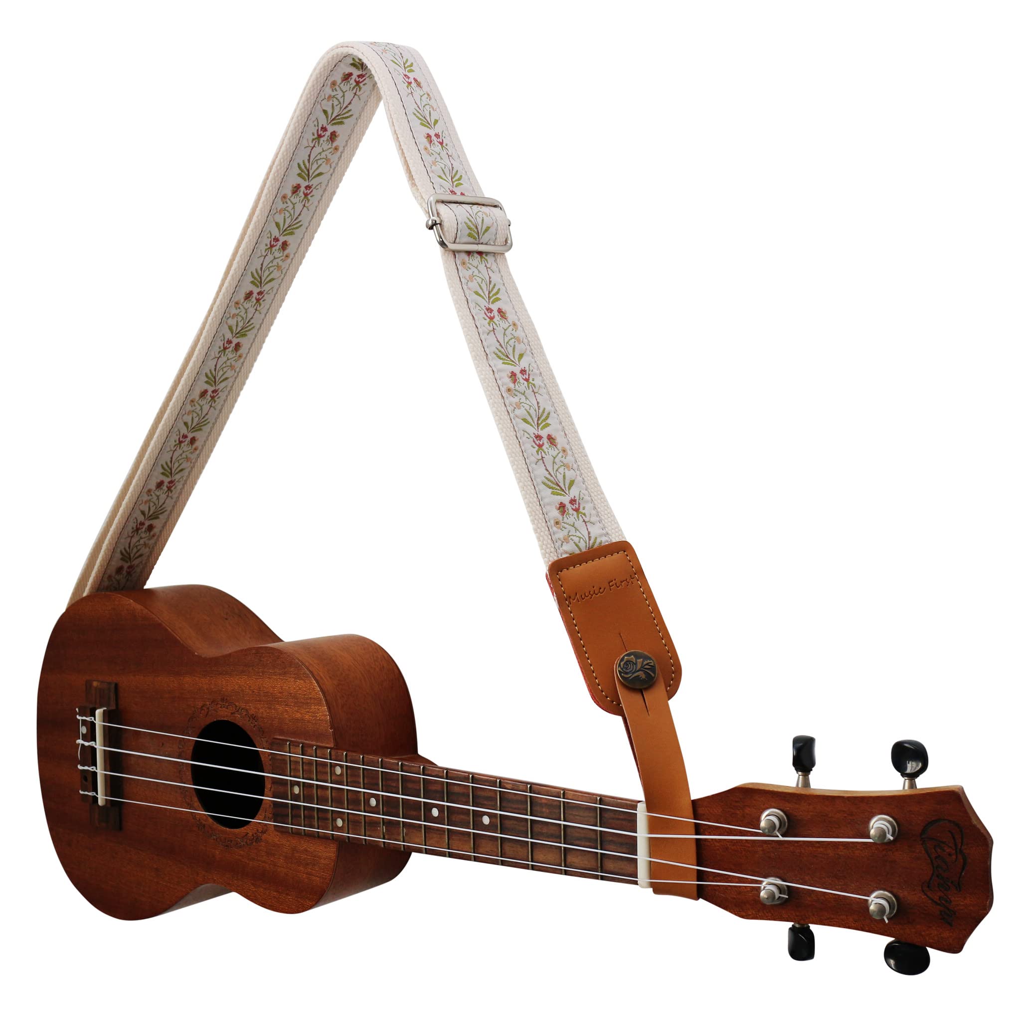 Music First Original Design Vintage Floral Embroidered & Genuine Leather Ukulele Strap Ukulele Shoulder Strap With A Genuine Lea