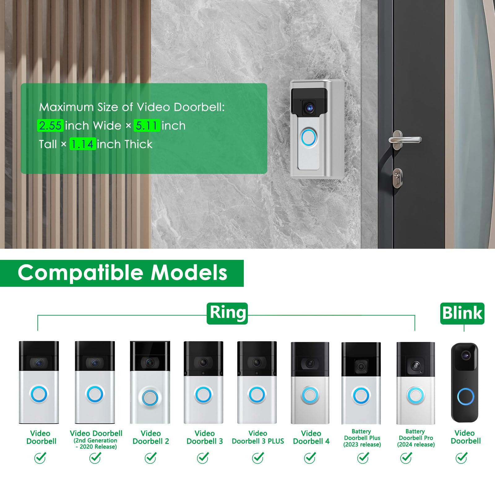 Liwin All Metal Adhesive Video Doorbell Mount Compatible With Ring/Blink Wireless Video Doorbell, No Drill Mounting Bracket Wedg