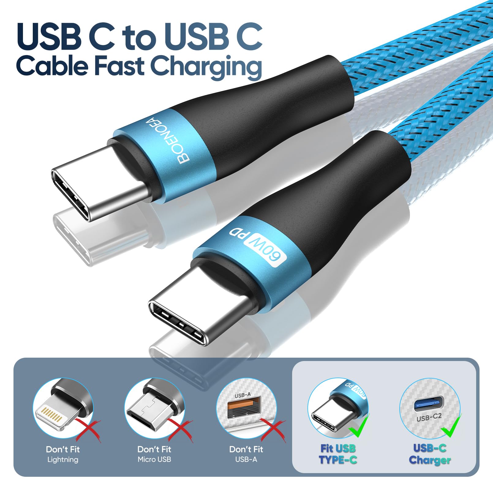 Boenoea Usb C To Usb C Cable 10Ft 4 Pack, Usb C Charger Cable 60W Nylon Braided Compatible For Phone 15/15 Pro/15 Pro Max, Macbo