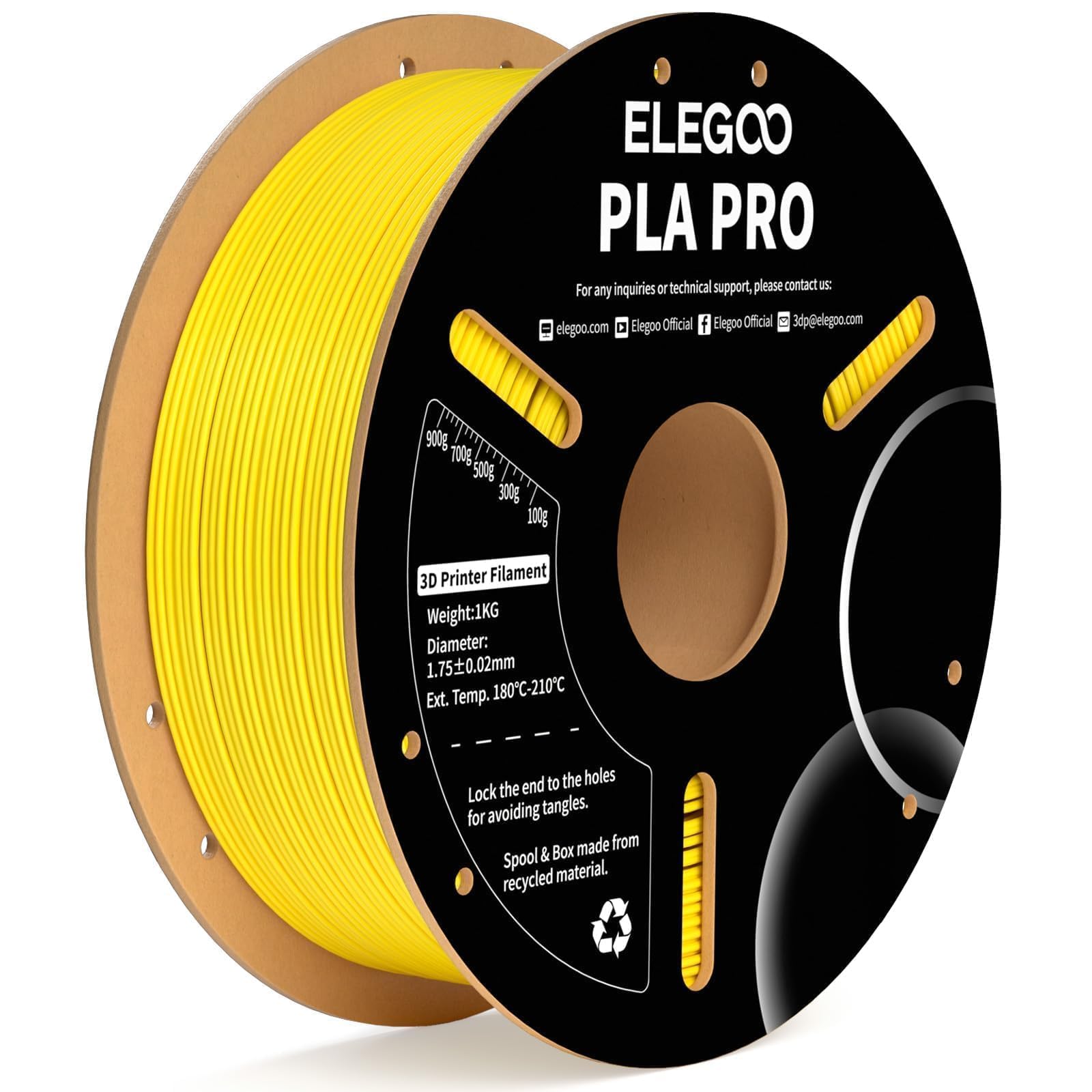 ELEGOO PLA PRO Filament 1.75mm Yellow 1KG, 30-250mm/s Printing Speed Improved Rigidity 3D Printer Filament Dimensional Accuracy 
