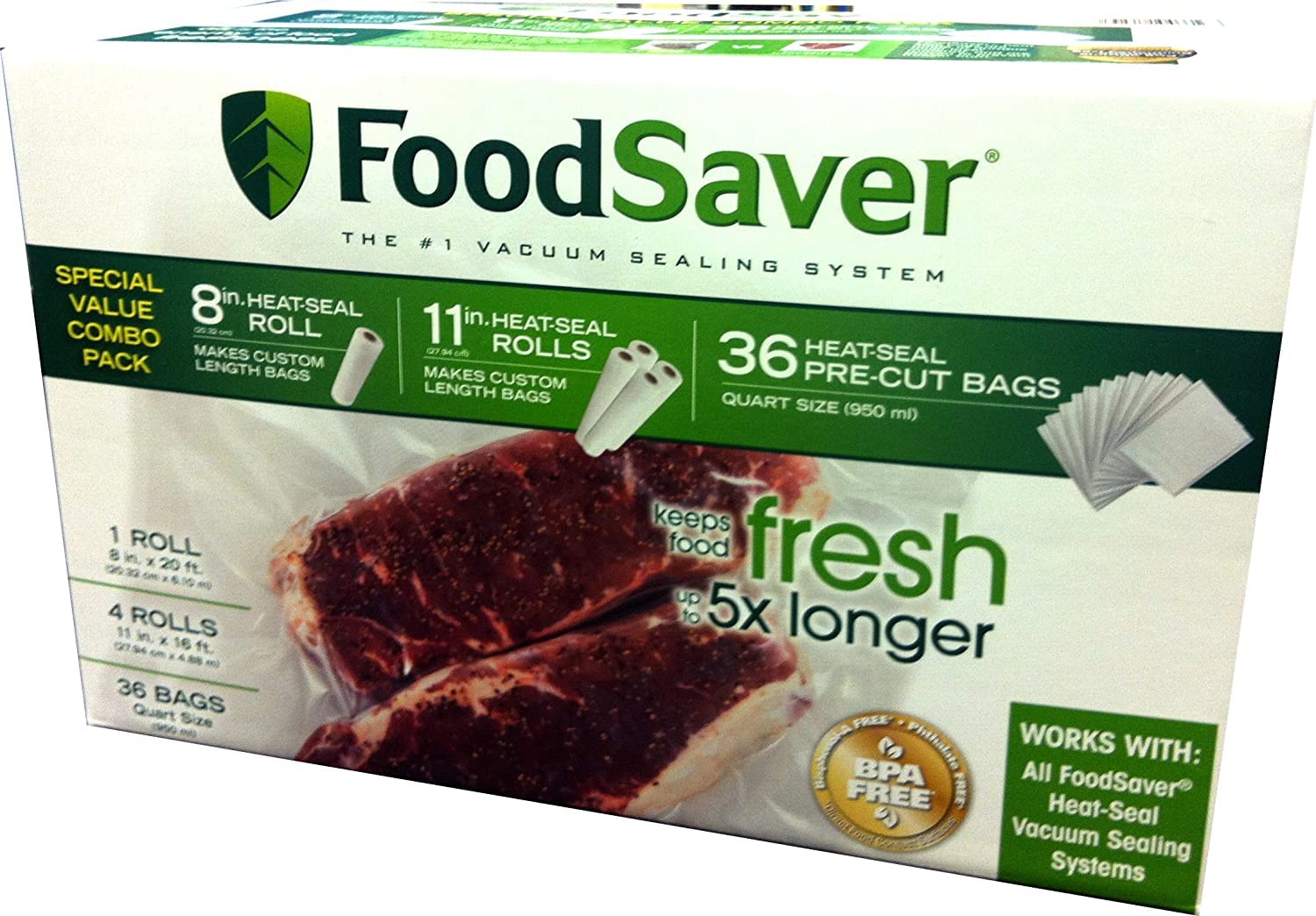 Foodsaver B005Siqkr6 Special Value Vacuum Seal Combo Pack 1 8'' 4 11'' Rolls, 1Pack (36 Pre Cut Bags), Clear