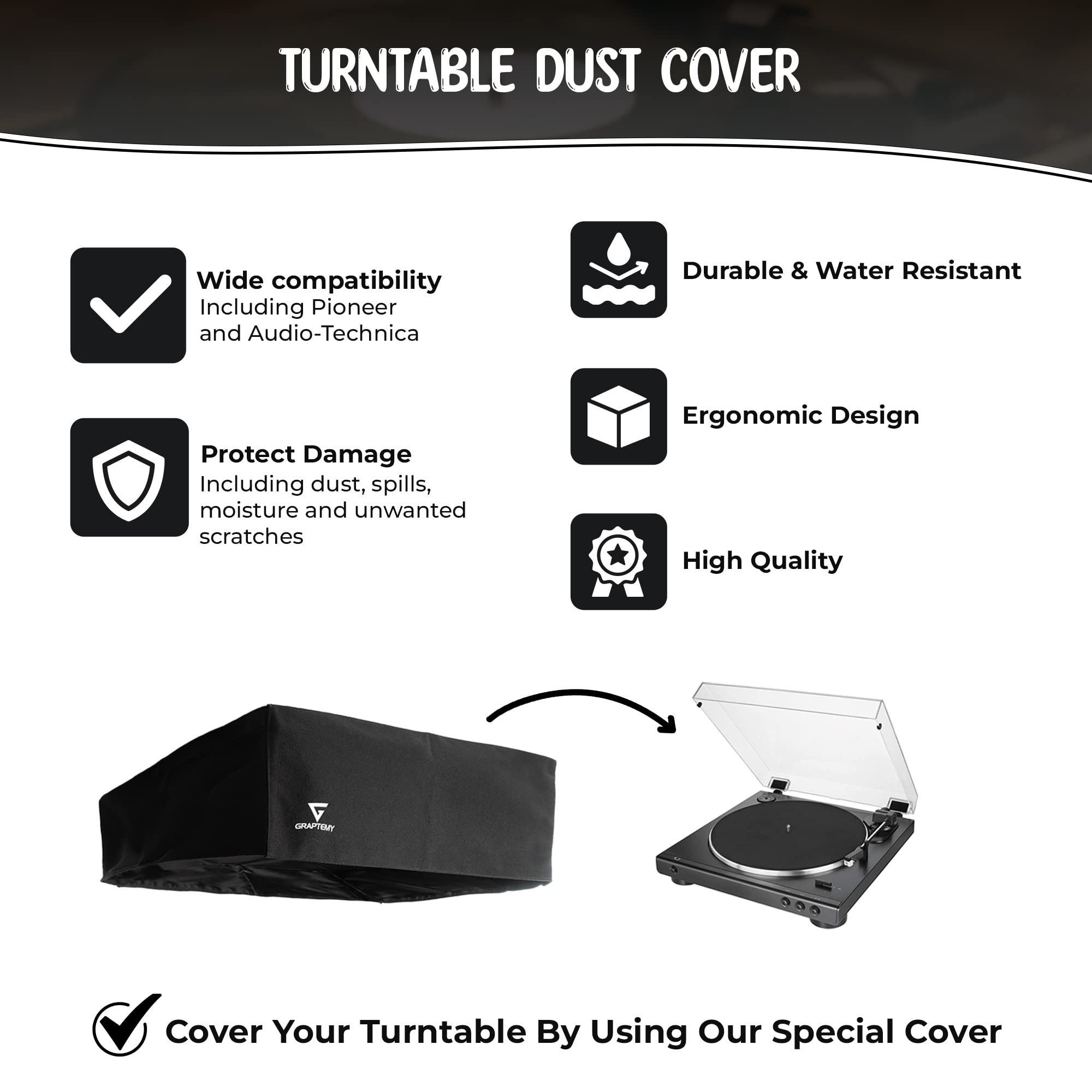 Turntable Dust Cover   600D Pvc Waterproof Protection Turntable Cover, Side Pocket And 2 Finger Pull Tab Record Player Cover   C