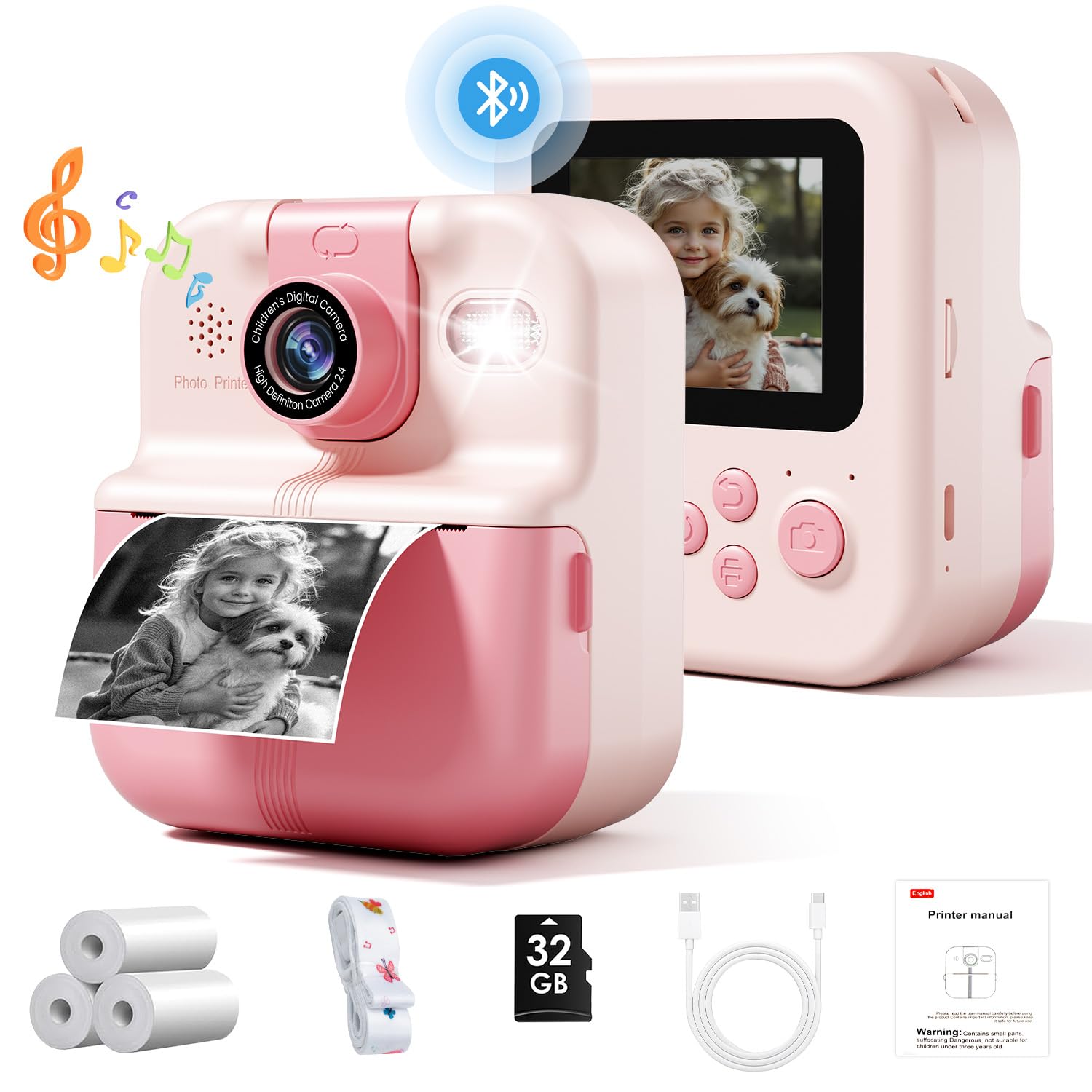 Bluetooth Kids Camera Instant Print, 1080P Mini Toddler Camera For Boys Girls, Portable Diy Instant Digital Camera For Kids, Coo