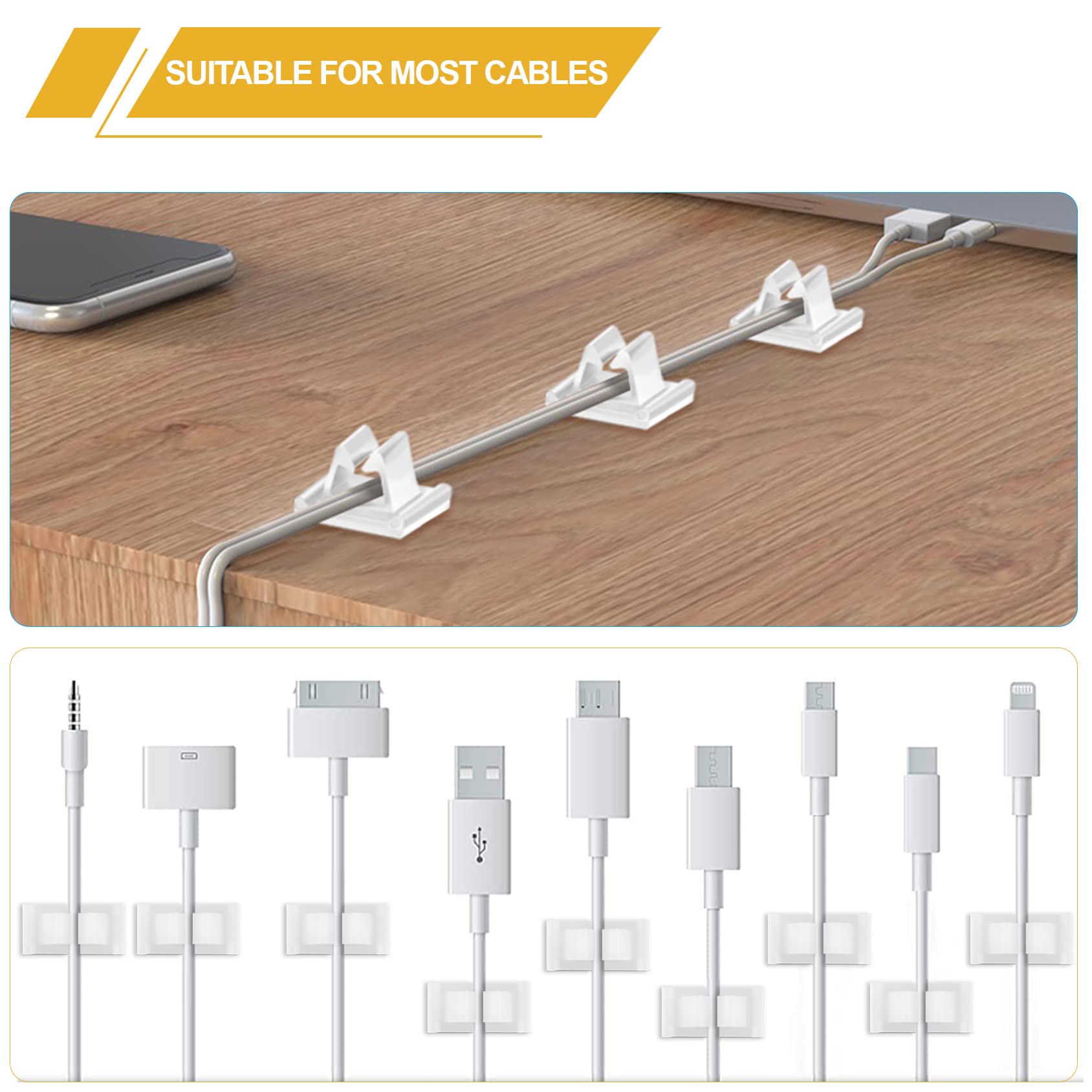 M Cable Clips Nylon White, Strong Adhesive Wire Rope Clamp Vertical Cable Management Phone Charging Cord Organizer For Desk Car