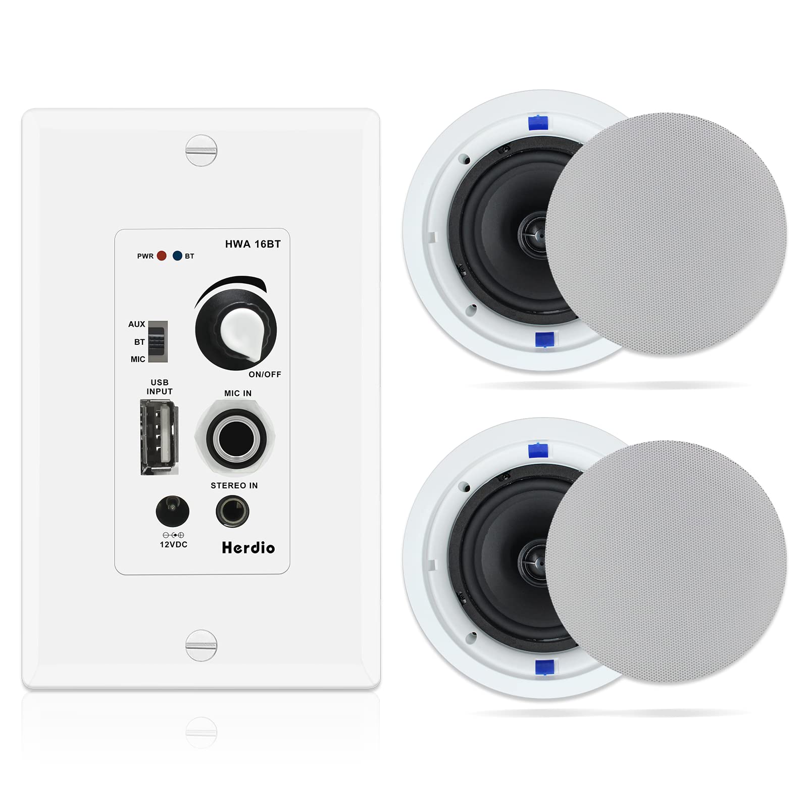 Herdio 6.5 Inch Bluetooth Ceiling Speakers 320W 2 Way Flush Mount In Wall Amplifier Receiver Suitable For Home Theater Bathroom 