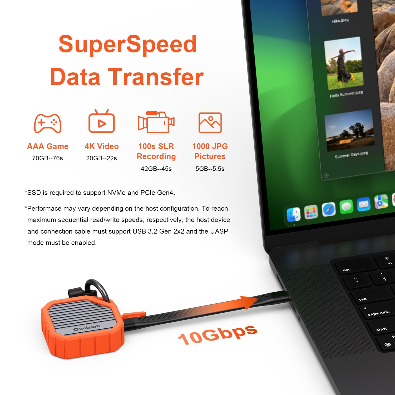 Qwiizlab M.2 2230 NVMe SSD Enclosure, 10Gbps USB-C, Aluminum, Orange, Model ES13UR, Fits M Key up to 2TB,