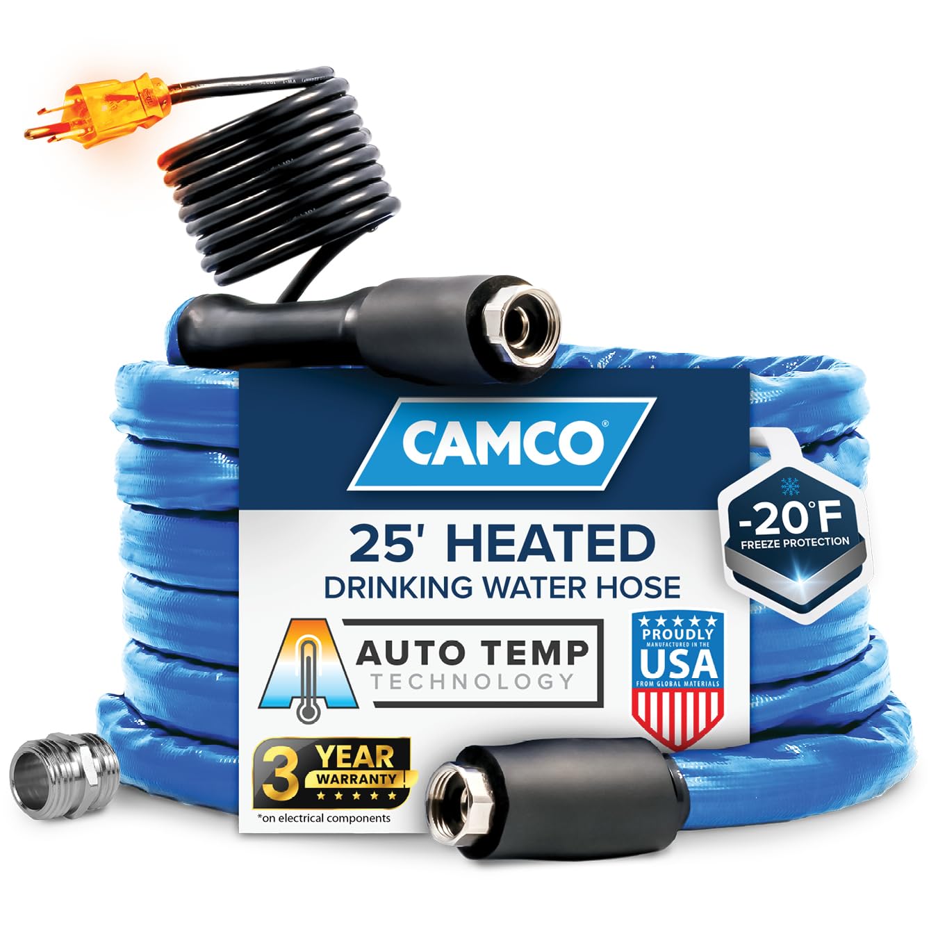 Camco 25-Ft Heated Water Hose For Rv - Water Line Freeze Protection Down To -20F/-28C - Features Energy-Saving Thermostat & Incl,WBAUVB01ABONB0A