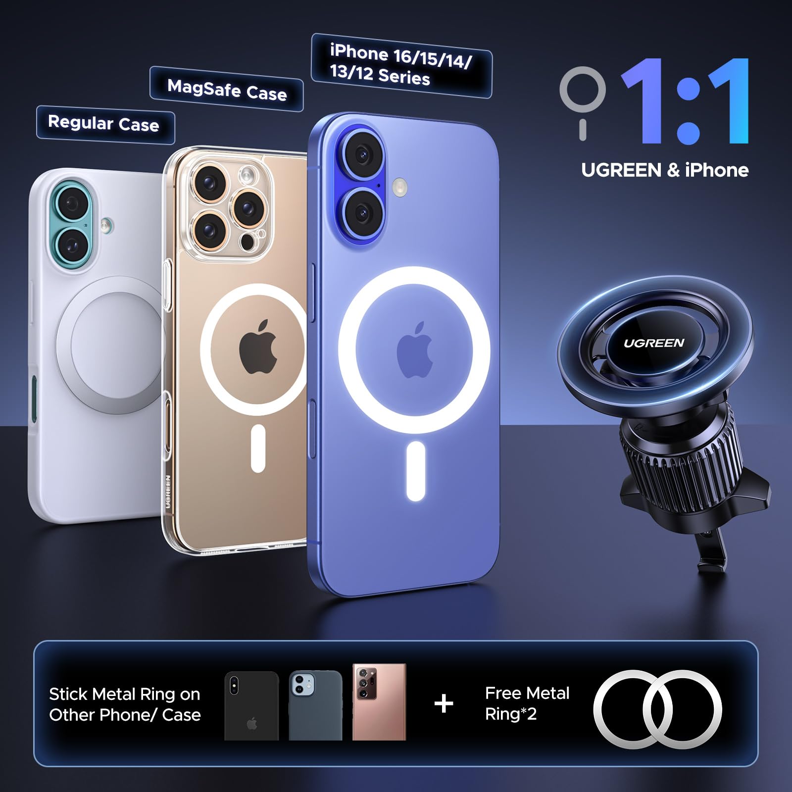 Ugreen Car Phone Mount For Magsafe Air Vent Car Mount Magnetic Phone Holder Compatible With Iphone 16 15 14 13 12 Pro Max, Stron