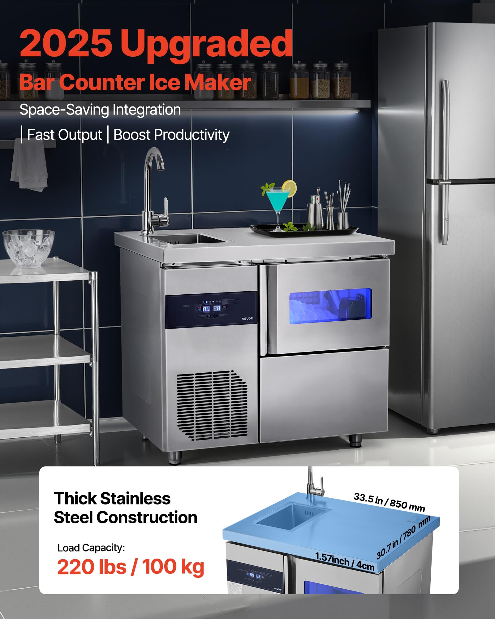 Vevor Commercial Ice Maker Machine, 132 Lbs/24H Stainless Steel Worktop Ice Machine With Sink, 30 Lbs Storage & 70 Cubes/Cycle,