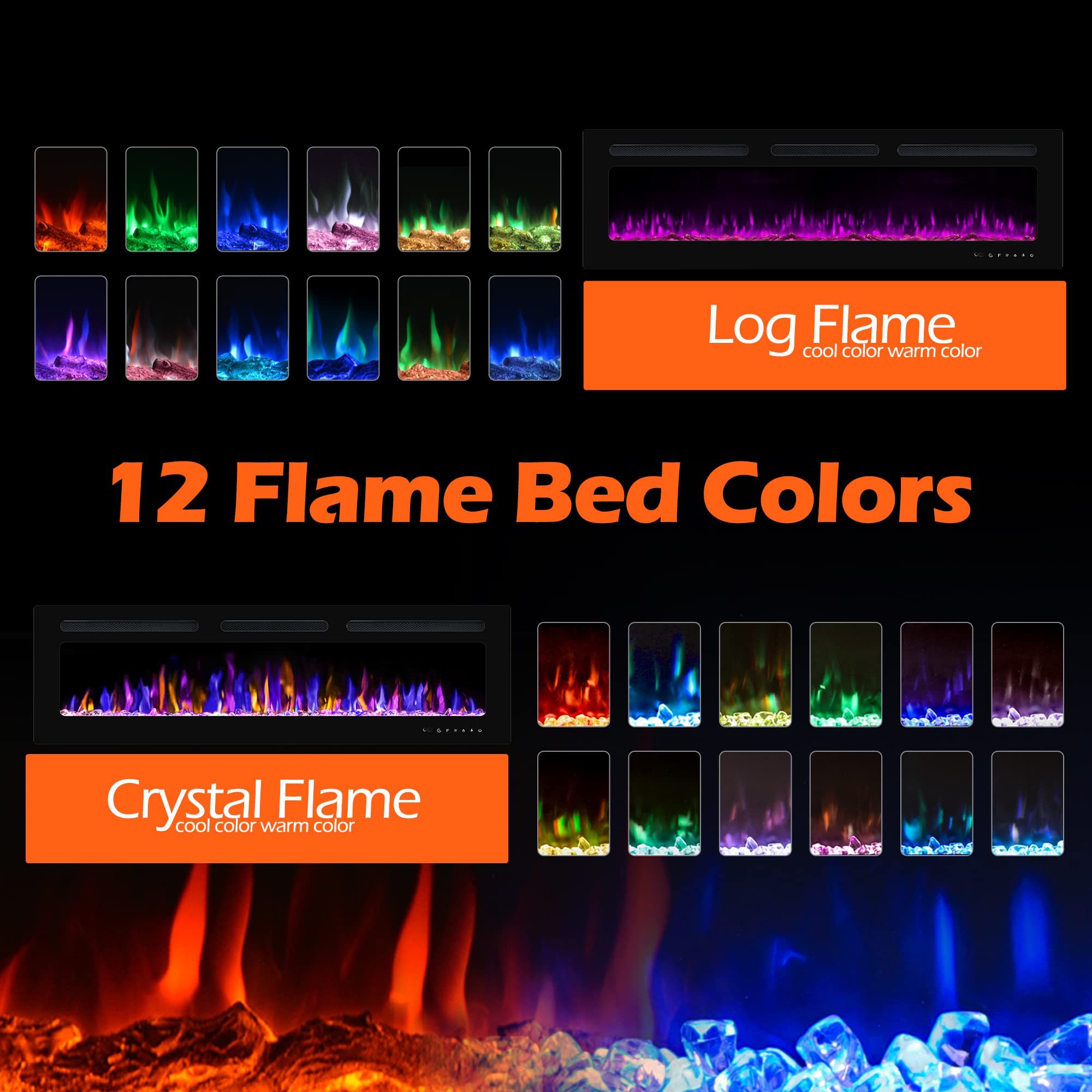 Betelnut 68'' Electric Fireplace Wall Mounted And Recessed With Remote Control, 750/1500W Ultra Thin Wall Fireplace Heater W/Tim