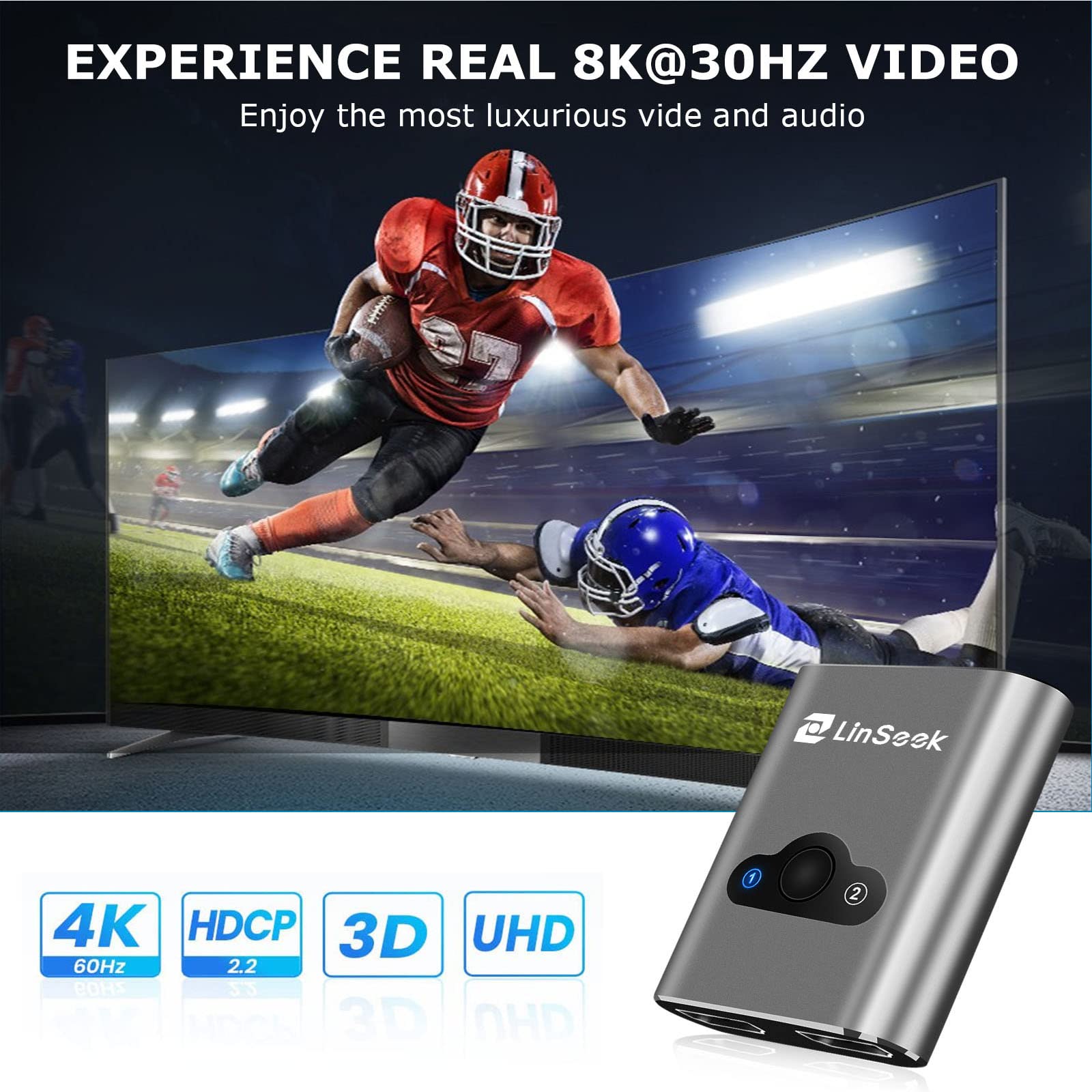 Linseek Hdmi Switch 8K Hdmi Switcher Splitter 2 In 1 Out, Bi Directional Hdmi Switcher Supports 4K@120Hz, 8K@30Hz,Aluminum Hdmi
