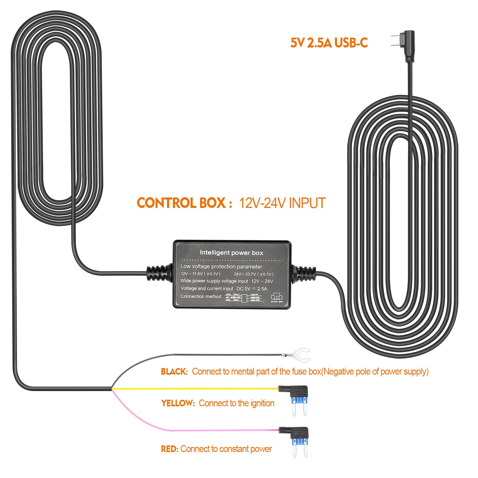 Hupejos 11.5Ft Type C Hardwire Kit For V7 V8 Dash Cam, Hard Wire Car Charger Cable Kit 12V  24V To 5V/2.5A For Dash Cameras With