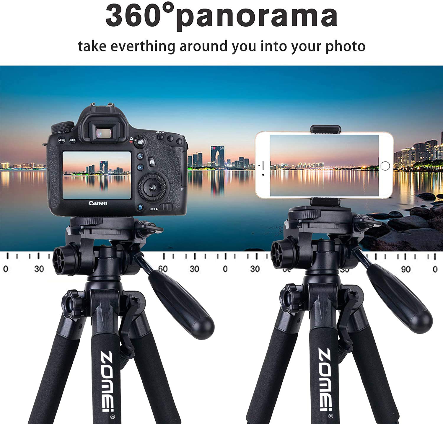 Camera Tripod 55 Inch Q111 With Phone Holder,Cell Phone Tripod Stand Protable Lightweight For Canon Nikon Sony Dslr Projector Webcam Spotting Scopes Gopro And Smartphones Live(Black)