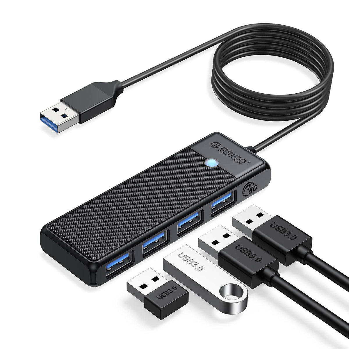 ORICO USB 3.0 Hub, 4 Port USB Hub with Long Cable, Ultra Slim USB Splitter for Laptop MacBook Pro, iMac, Surface Pro, XPS, PS5,PC, Flash Drive, Mobile HDD (Black/6ft)