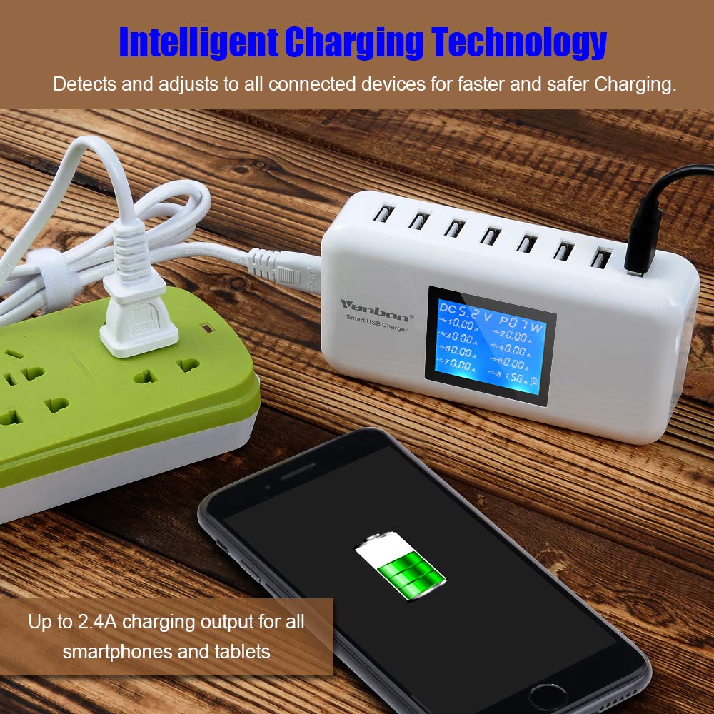 60W/12A 8 Port Desktop Charging Station Multiple Usb, Multi Port Travel Fast Wall Charger Hub With Lcd For Smart Phones, Tablet