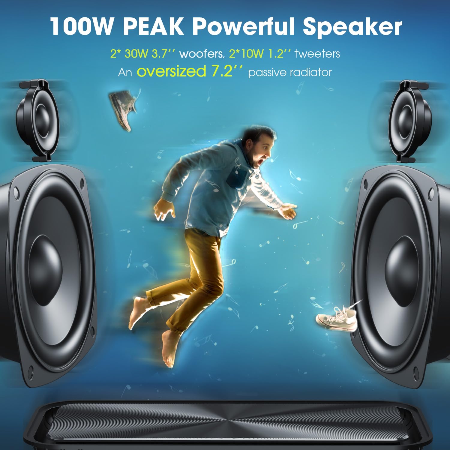 W King Portable Speakers Bluetooth Wireless, 100W Max Loud Stereo Sound With 2 Subwoofer, Ipx6 Waterproof Outdoor Speaker, Ex Large Passive Radiator  60W All Round Rich Bass, 40H/Eq/Powerbank/Tf/Aux