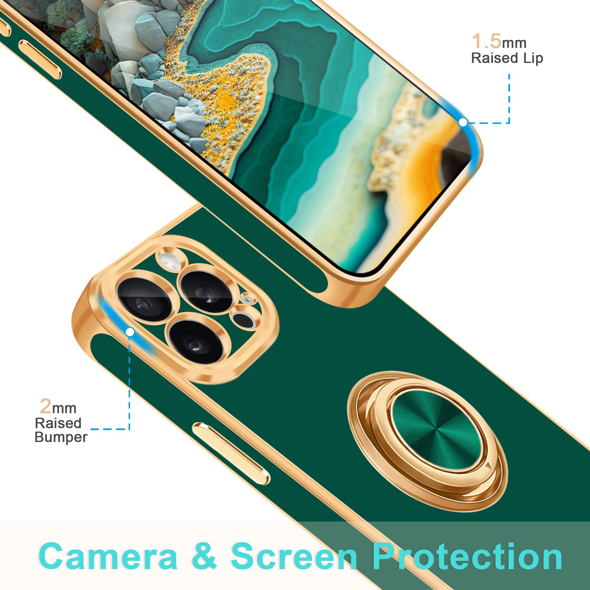 Fingic For Iphone 15 Pro Case[With 360 Ring Holder Stand][Support Magnetic Car Mount ]Kickstand Phone Case For Women Girls Boys